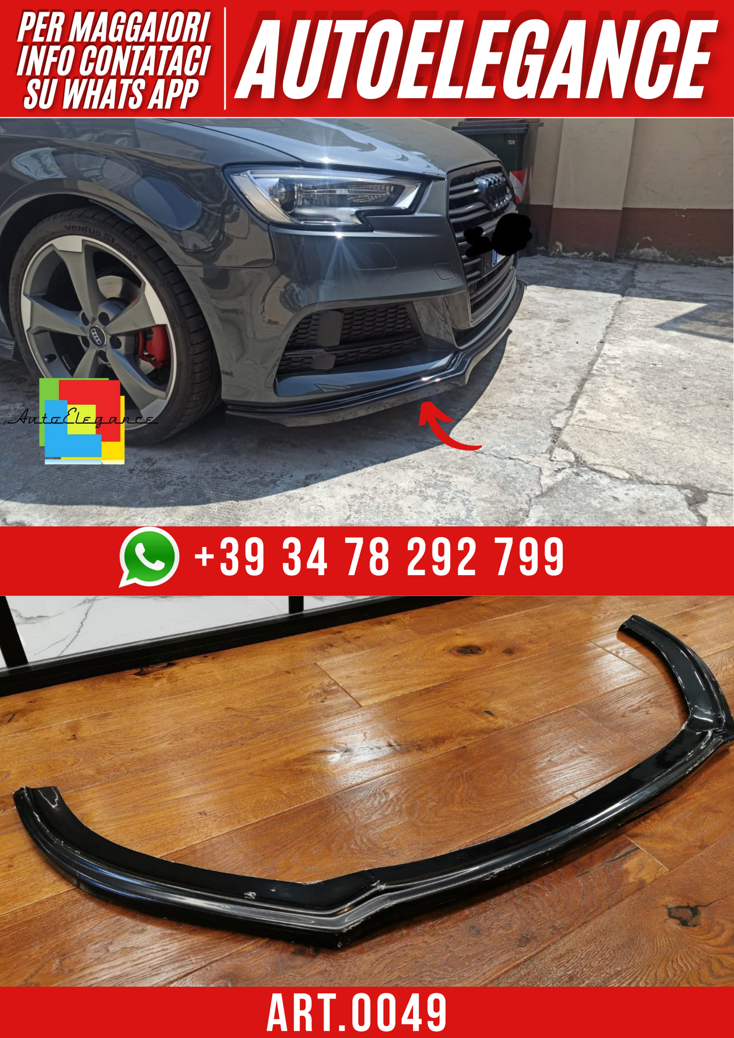 ART. 0049 SPLITTER AUDI A3 8V 2016-2019 LIFT S3 SLINE NERO LUCIDO