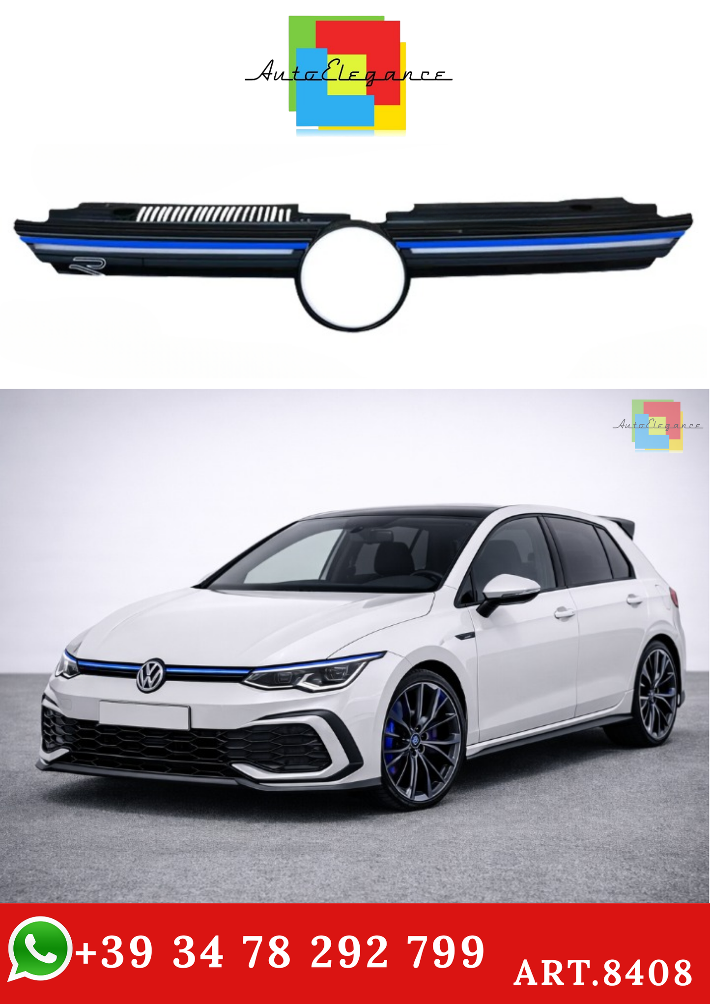 💫ART.8408 Griglia Anteriore con Striscia Luminosa Blue Line senza LED per VW Golf MK8 R Style💫