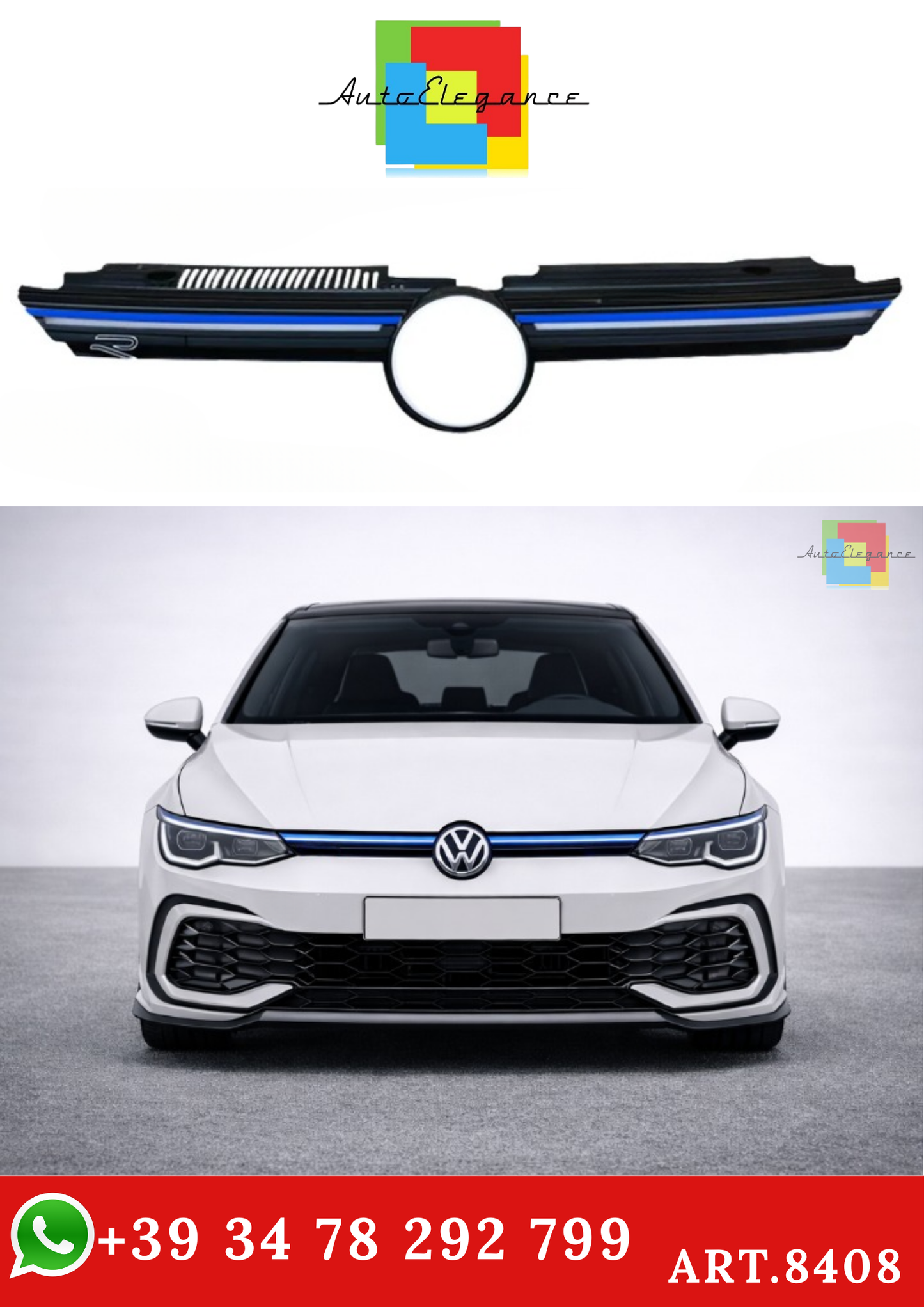 💫ART.8408 Griglia Anteriore con Striscia Luminosa Blue Line senza LED per VW Golf MK8 R Style💫