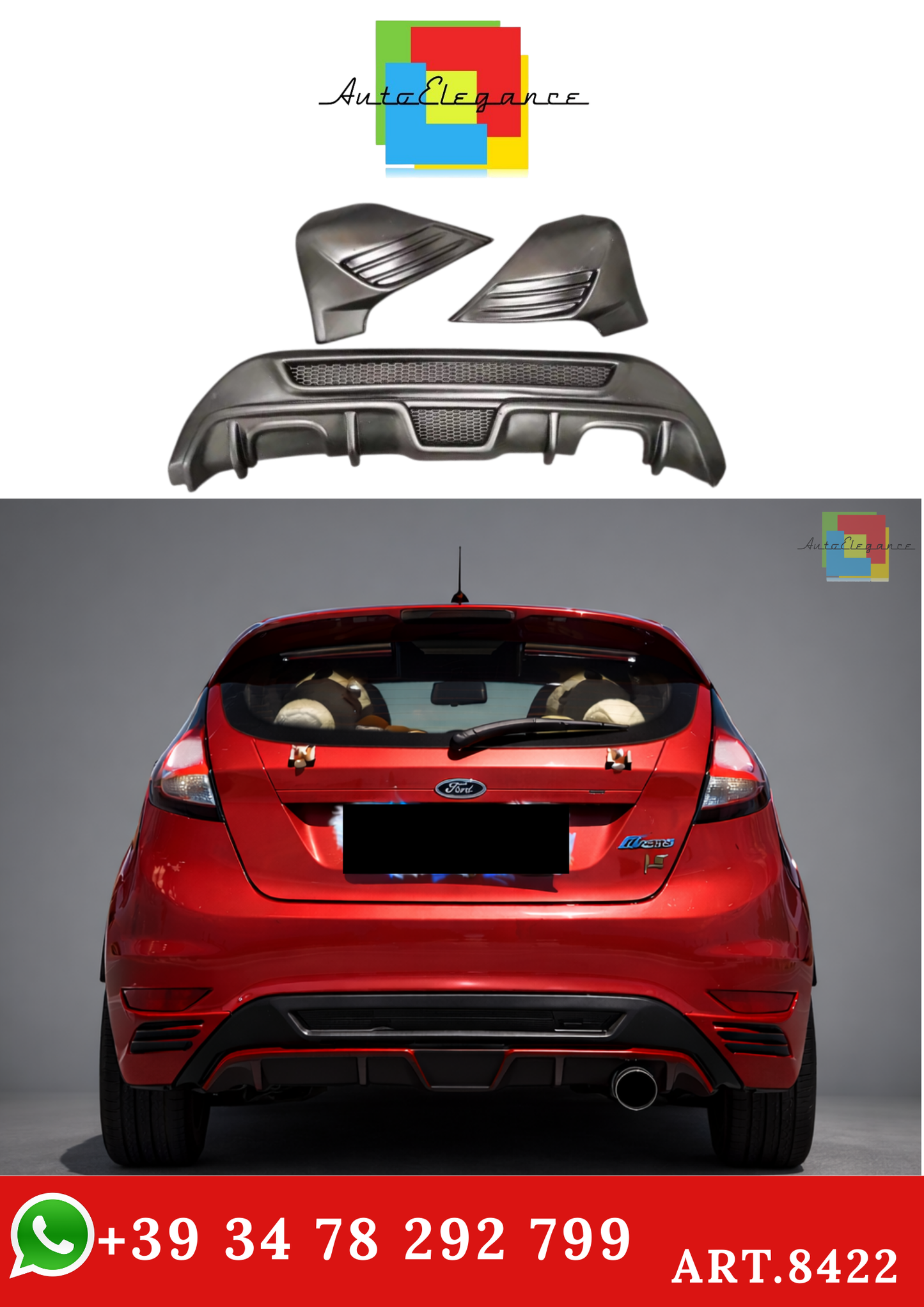💫ART.8422 Diffusore Posteriore Nero Opaco (3 pezzi) Stile A per Ford Fiesta MK6 2009+💫