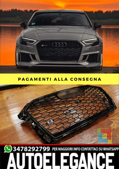 ⭐GRIGLIA ANTERIORE ADATTO PER  AUDI A3 8V 2017-2020 LOOK RS3 NERO LUCIDA⭐
