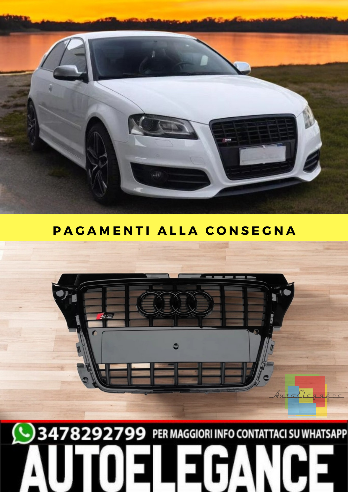 ⭐GRIGLIA ANTERIORE ADATTO PER AUDI A3 S3 8P 2008-2012 FULL BLACK⭐
