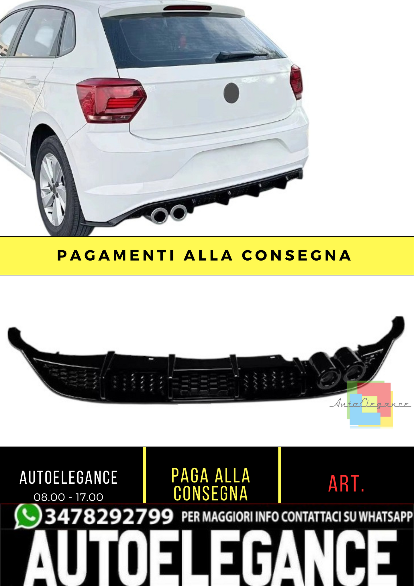 💕 Diffusore Posteriore Nero Lucido Stile GTI per VW Polo MK6 2017–2021 💕