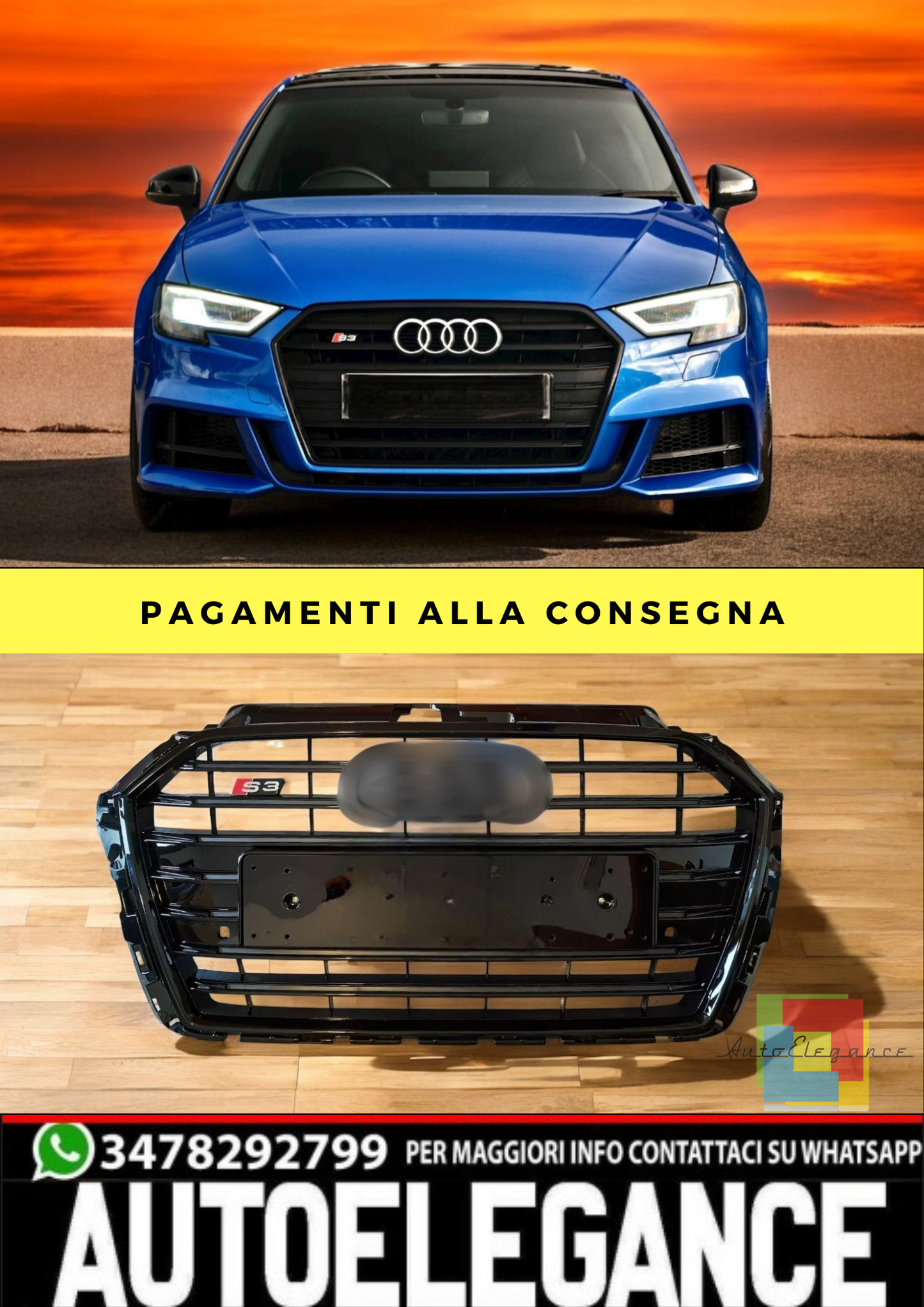 ⭐GRIGLIA ANTERIORE ADATTO PER  AUDI A3 S3 8V 2016-2019 PROFILE NERO⭐
