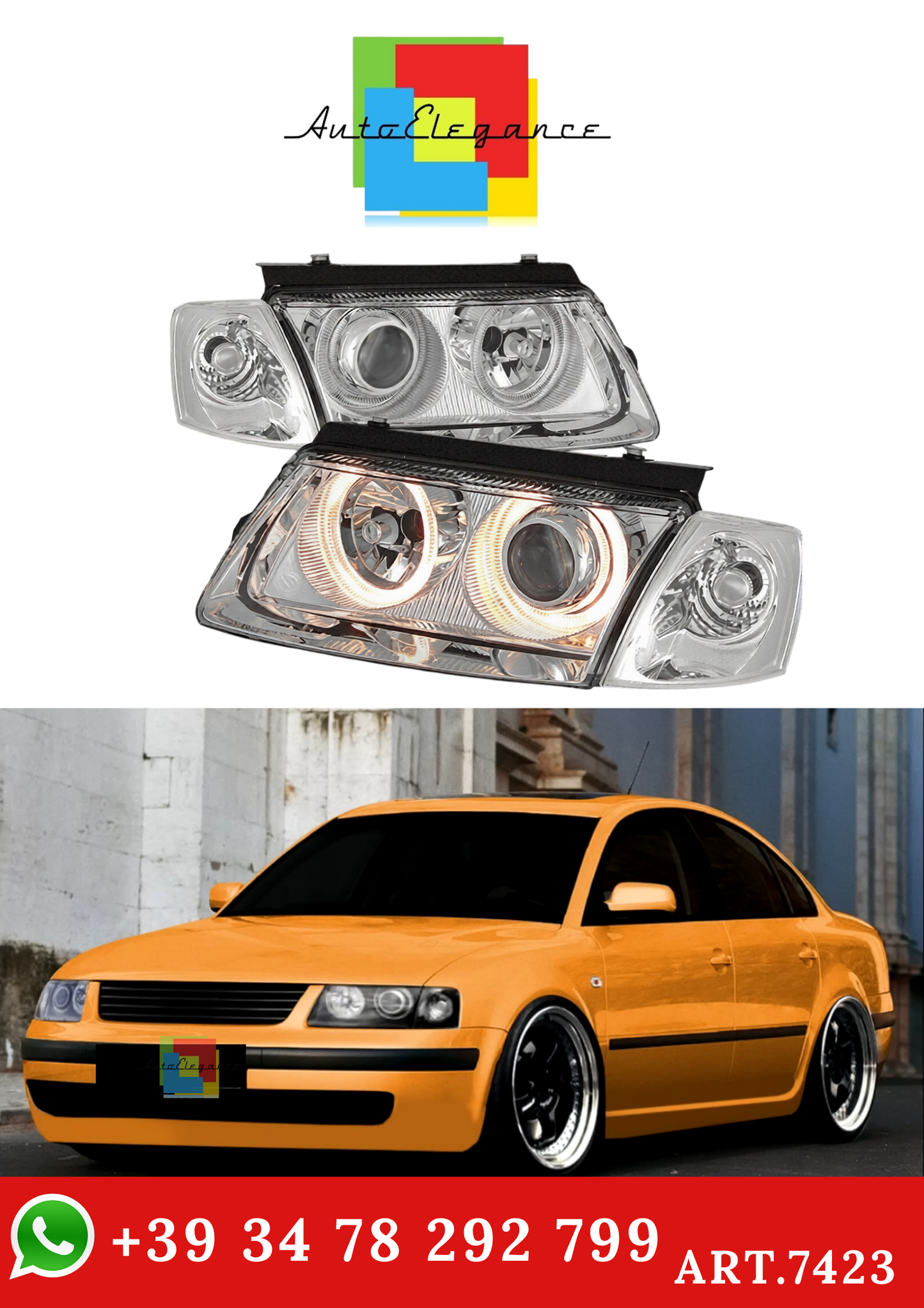 💫ART.7423 FARI ANTERIORI "ANGEL EYES" CROMATI per VW PASSAT B5 3B 96-00💫