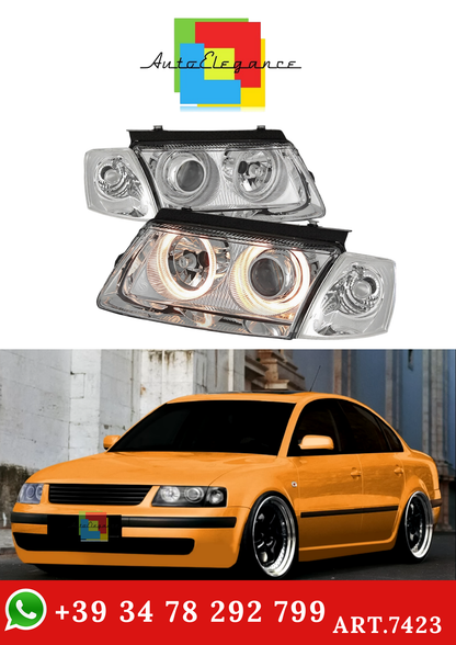 💫ART.7423 FARI ANTERIORI "ANGEL EYES" CROMATI per VW PASSAT B5 3B 96-00💫