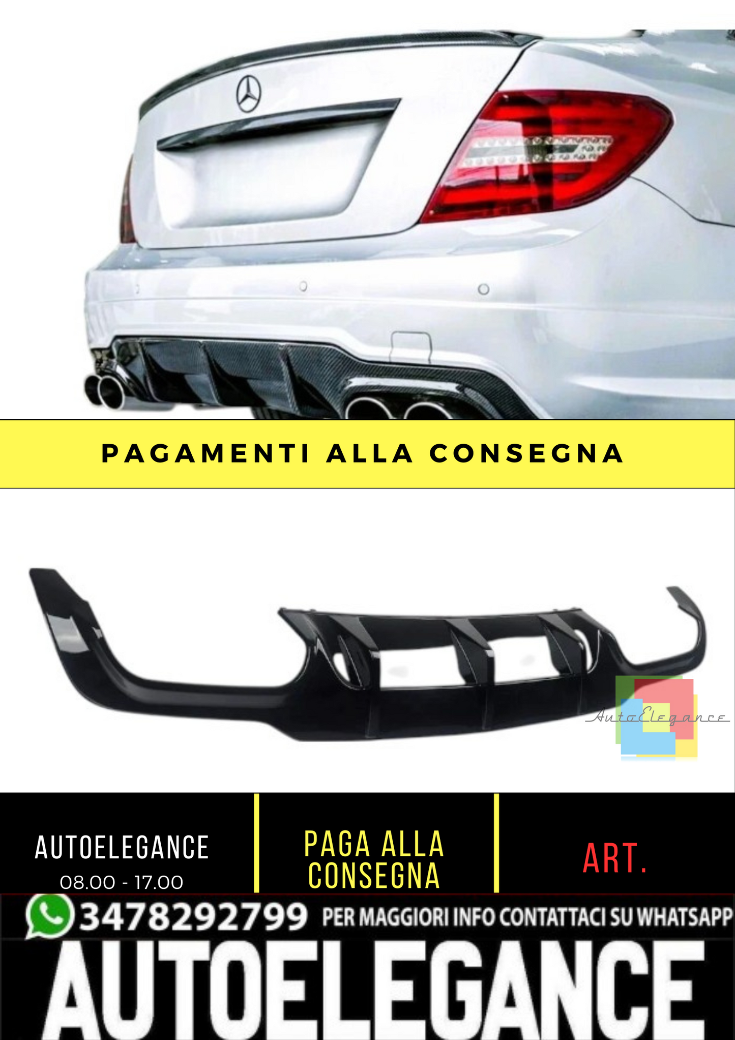 💕 Diffusore Posteriore Nero Lucido per Mercedes C63 AMG W204 2011–2015 💕