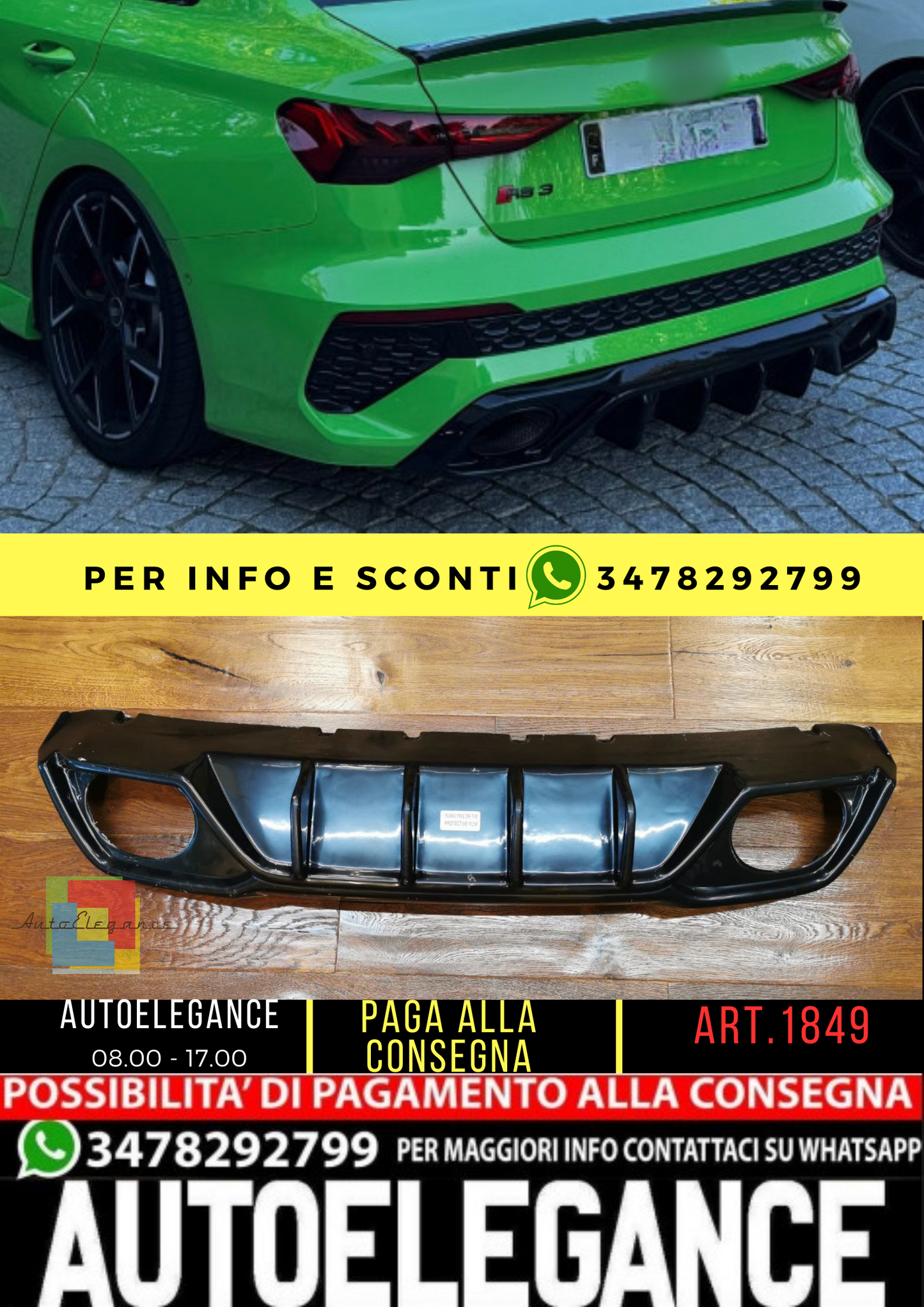 ⭐1849 DIFFUSORE ADATTO PER AUDI A3 8Y BERLINA RS3 LOOK TUNING NERO LUCIDO⭐