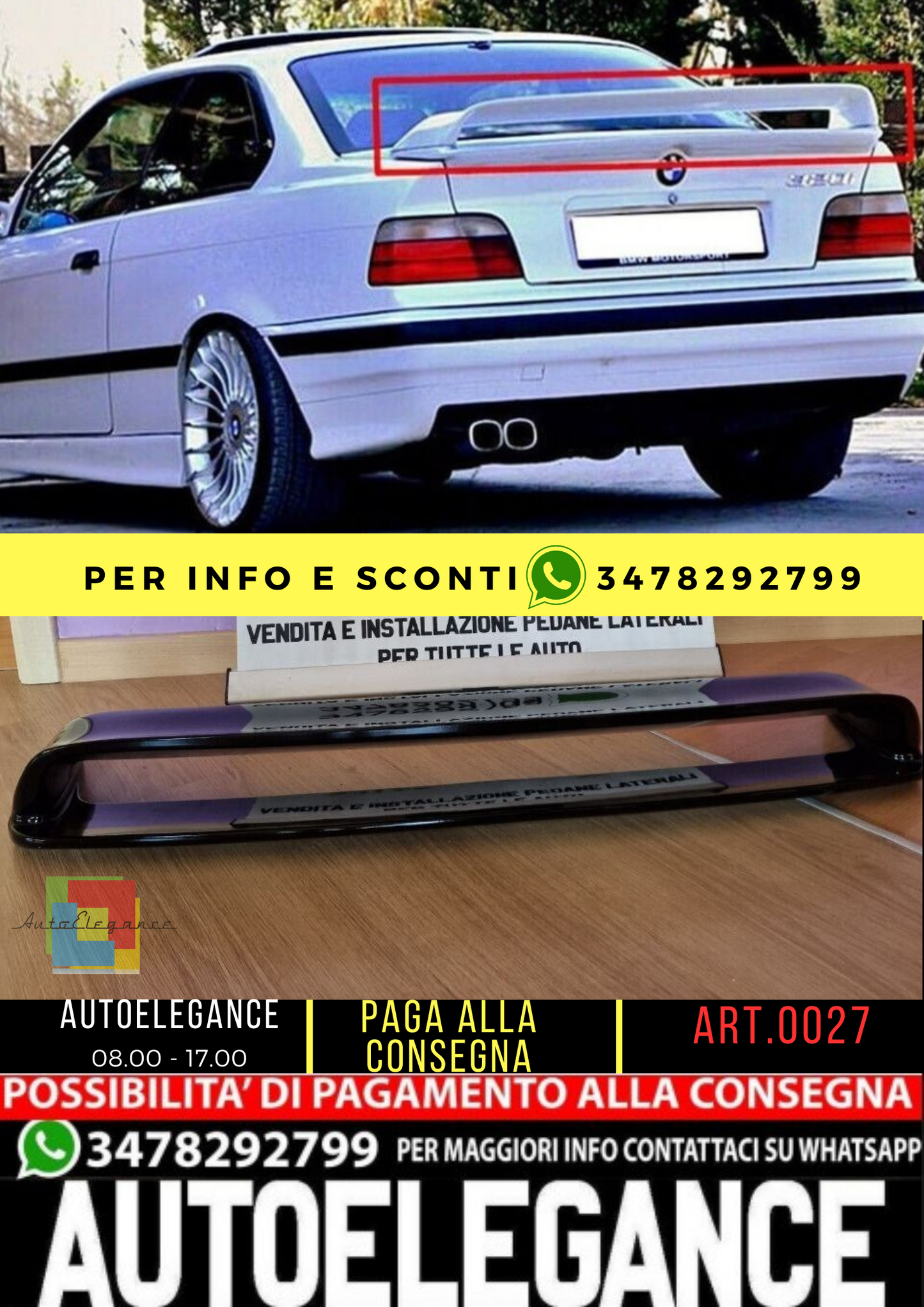 ⭐0027 SPOILER TUNING POSTERIORE COFANO BMW SERIE 3E36 BERLINA COUPE NERO LUCIDO⭐