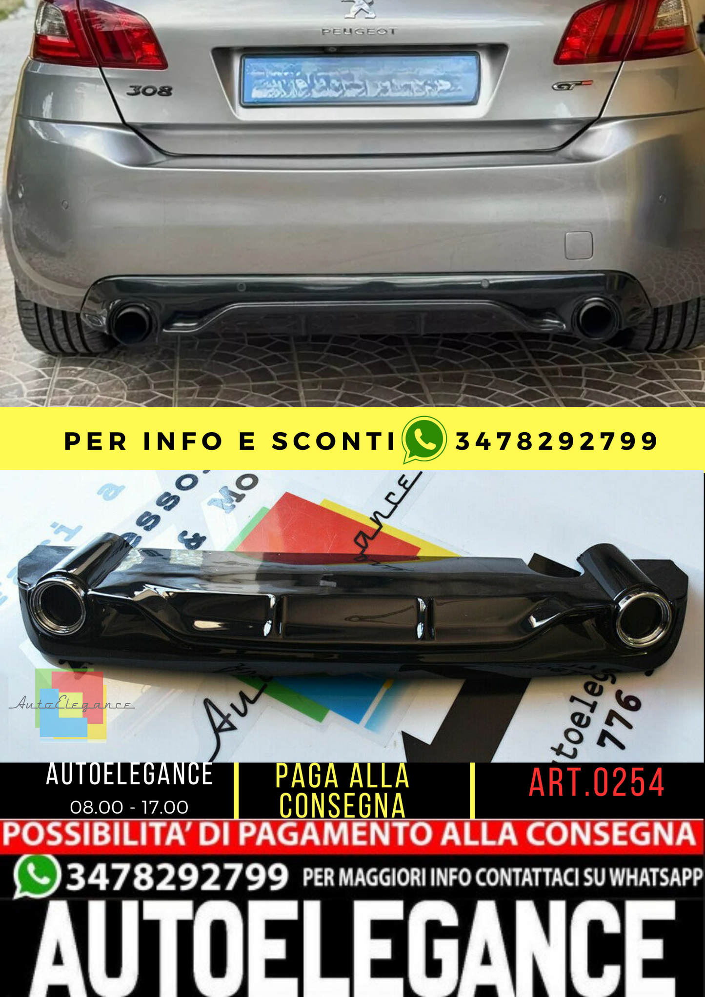 ✨0254 DIFFUSORE NERO LUCIDO PER PEUGEOT 308 II 5 PORTE 13-21 LOOK GTI ✨
