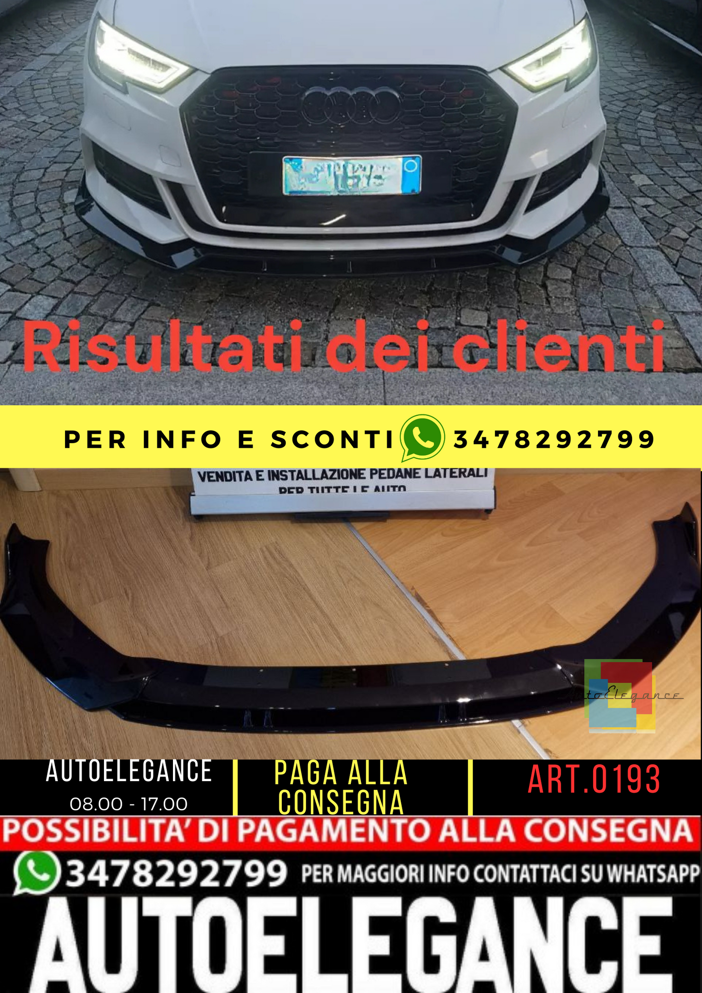 ⭐0193 SPLITTER ADATTO PER AUDI A3 8V 2017-2020 SLINE S3 NERO LUCIDO⭐