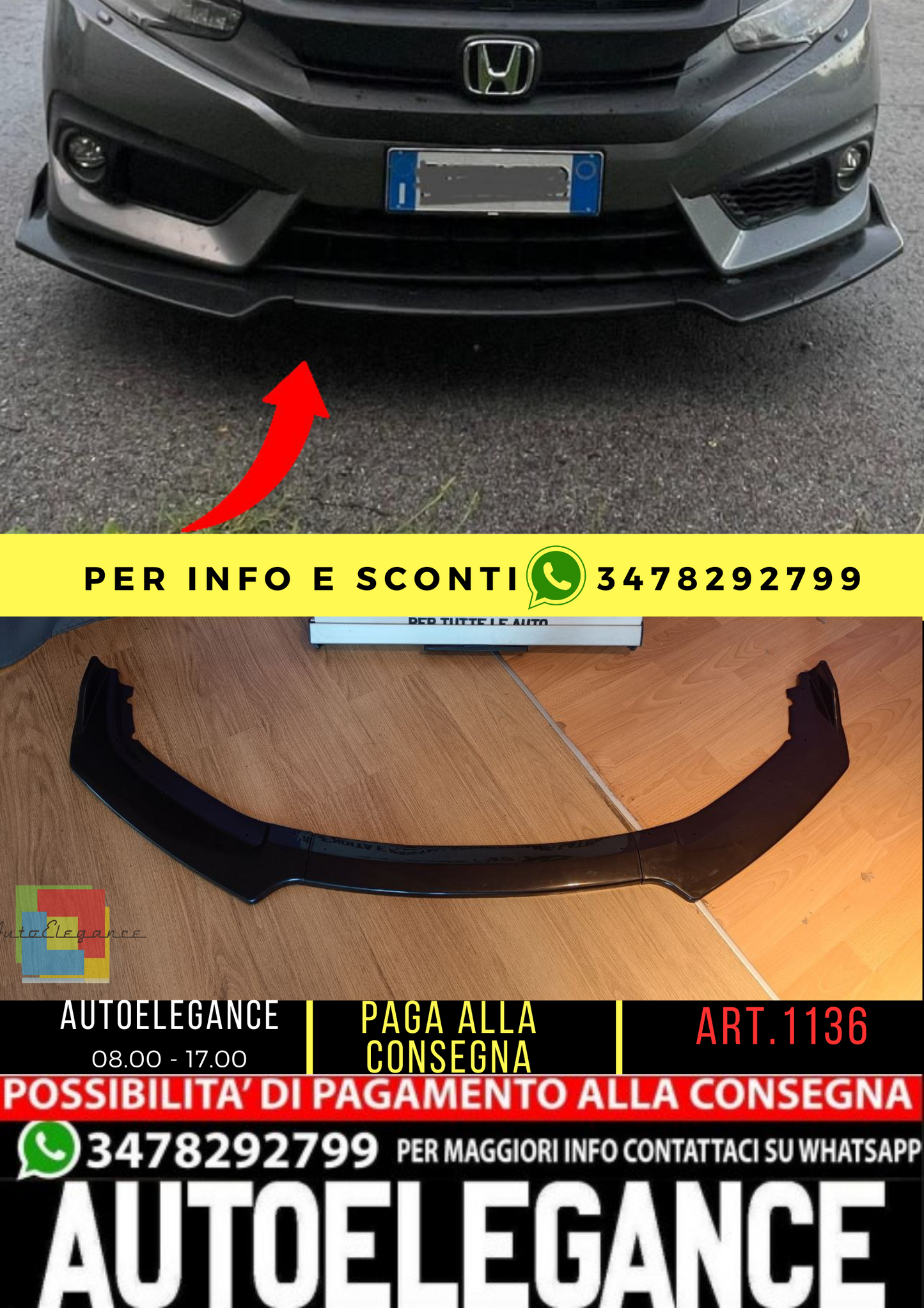 ⭐1136 SPLITTER ADATTO PER CIVIC FC5 2016+ LOOK TYPE R NERO LUCIDO ⭐