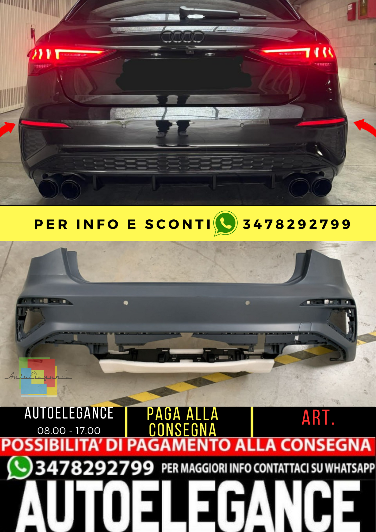 ⭐PARAURTI POSTERIORE ADATTO PER A3 8Y hatchback look sline Senza Diffusore⭐