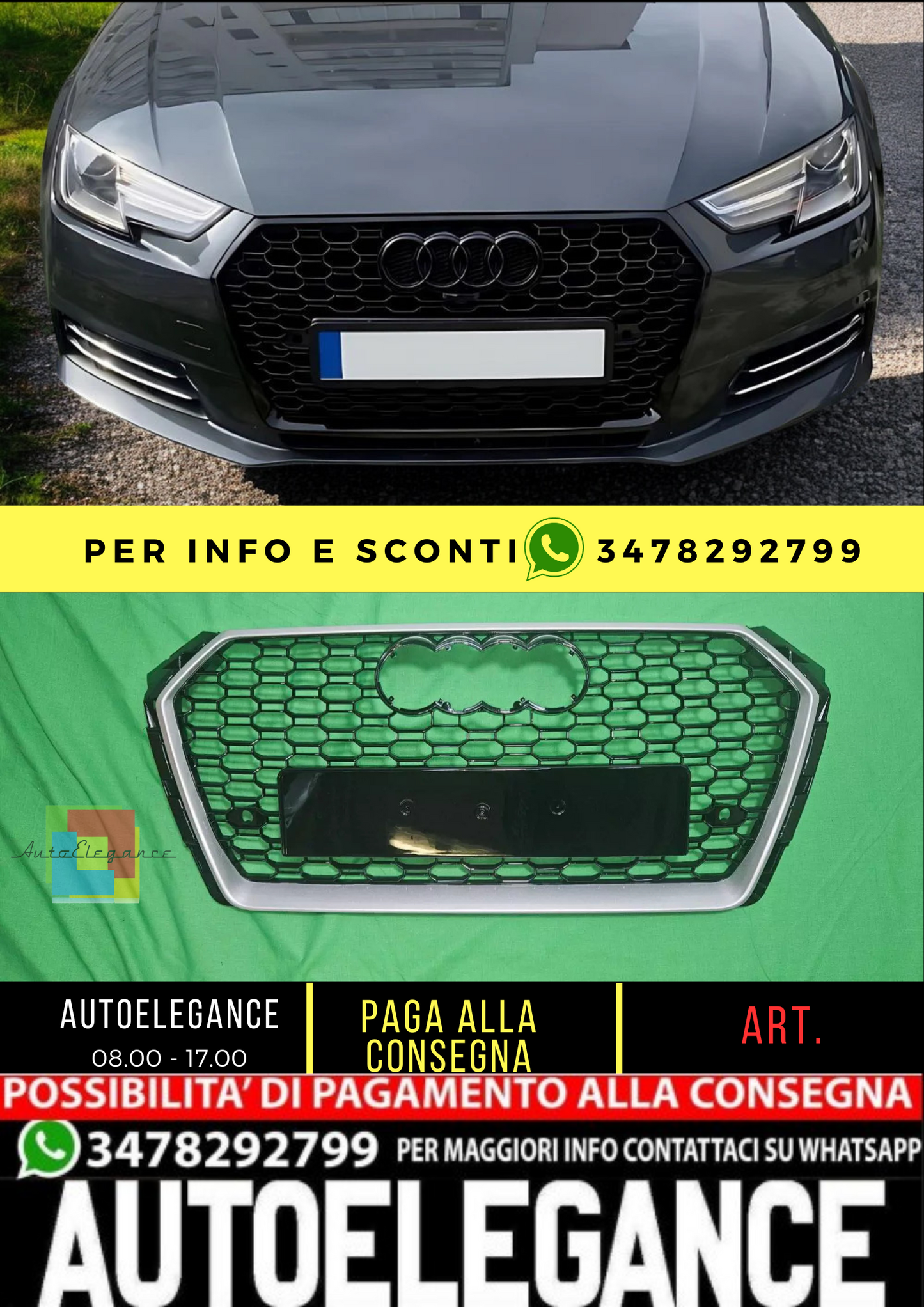 💥GRIGLIA RADIATORE RS4 LOOK ARGENTO ADATTO PER Audi A4 B9 2016 - 2019💥