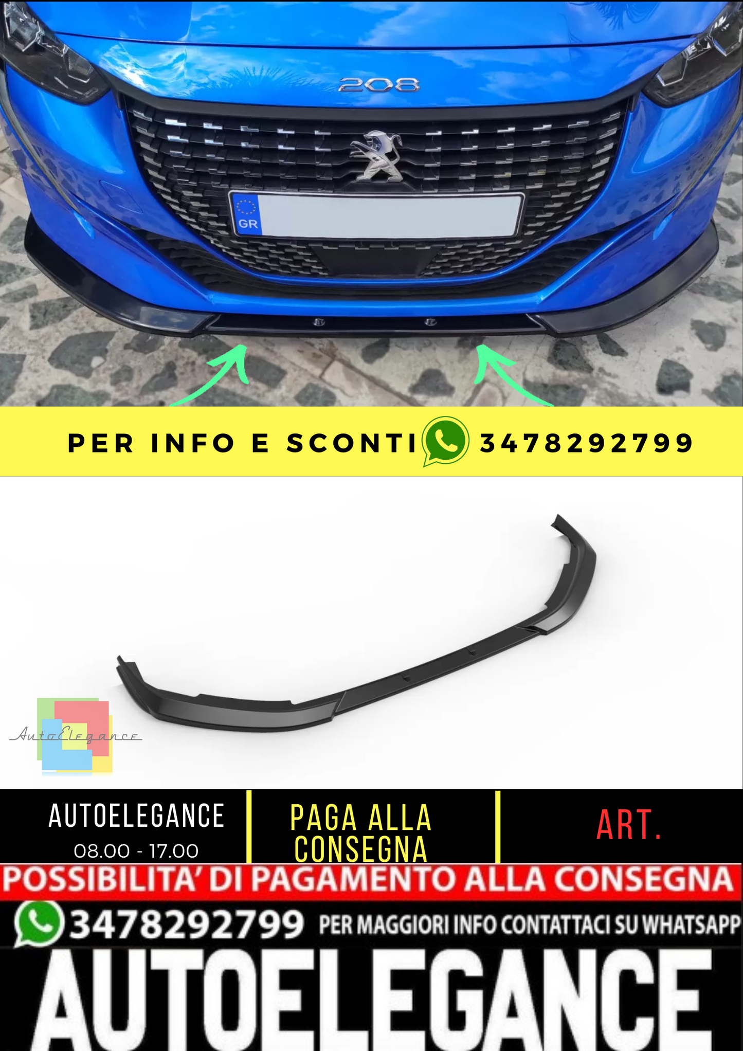 💥SPLITTER ANTERIORE ADATTO PER  V.1 Peugeot 208 Mk2 (2019-2023)💥