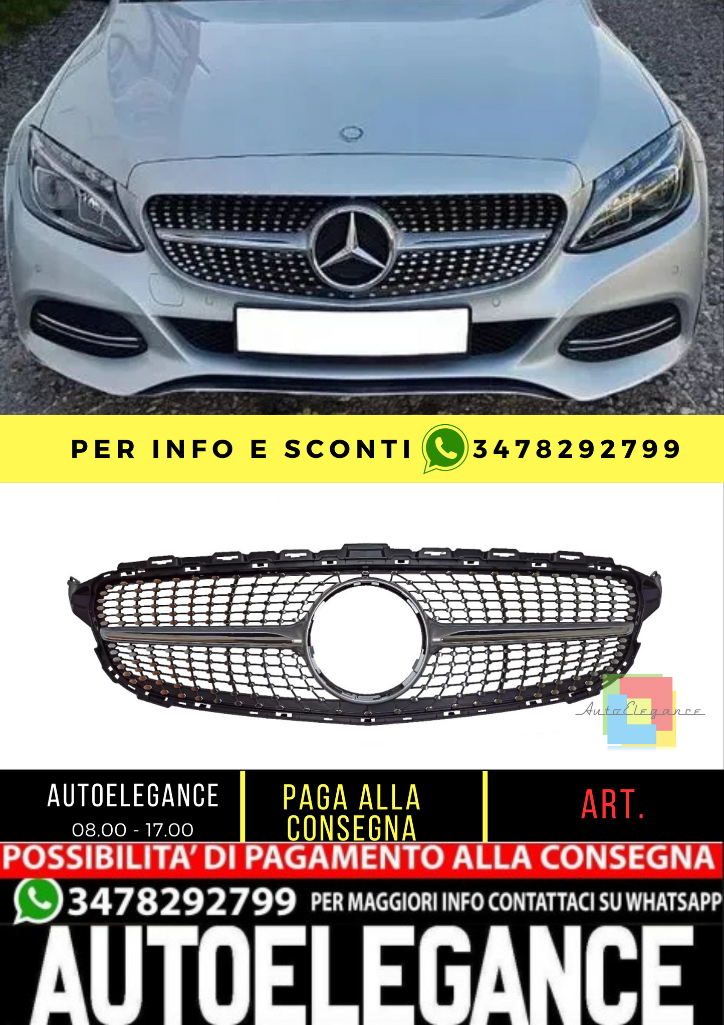 💥GRIGLIA RADIATORE ARGENT DIAMANTA DATTO PER Mercedes Benz Classe C W205 14💥