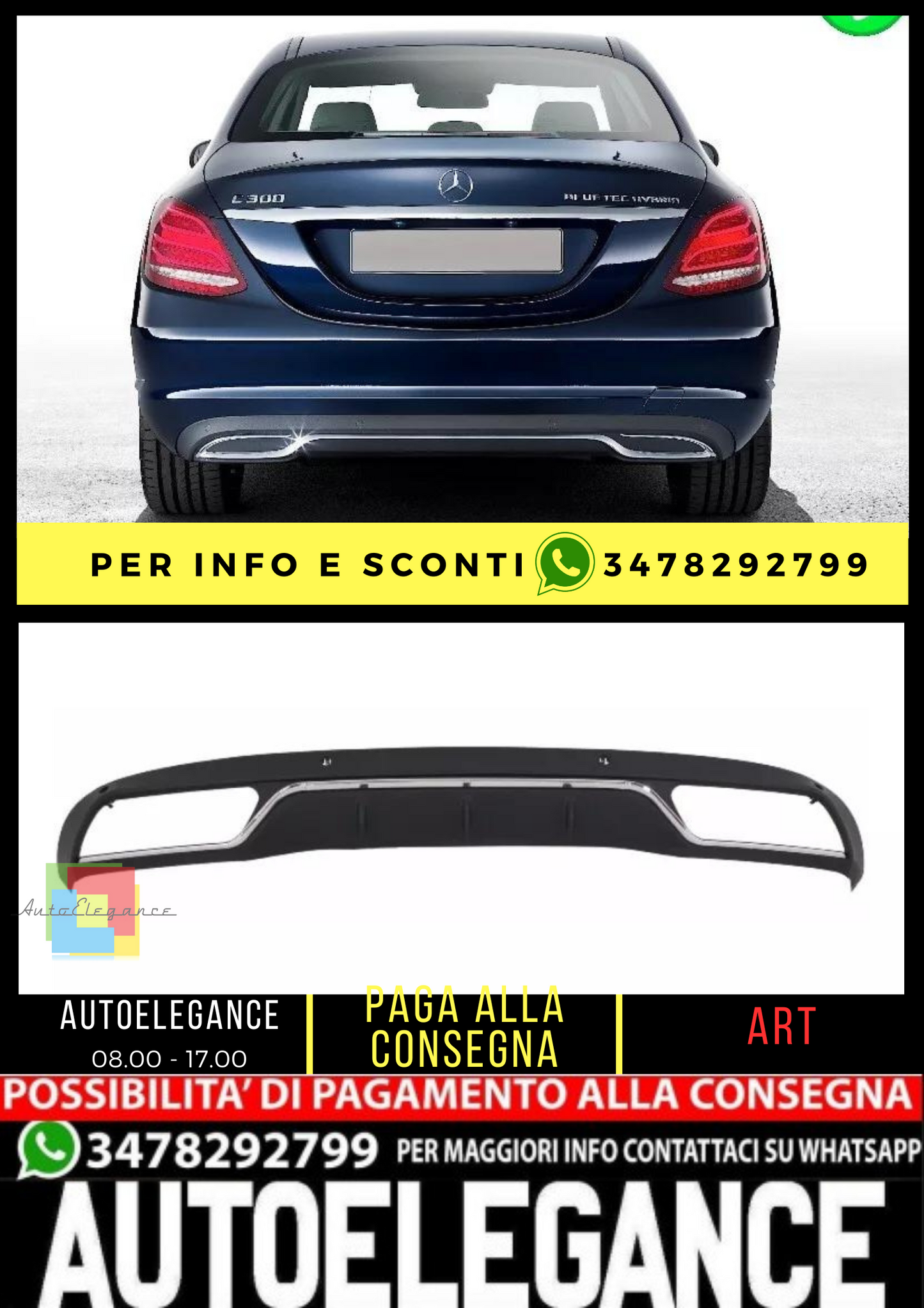 ⭐Diffusore paraurti posteriore per Mercedes C W205 S205 Standard 14-18 C63 Look⭐