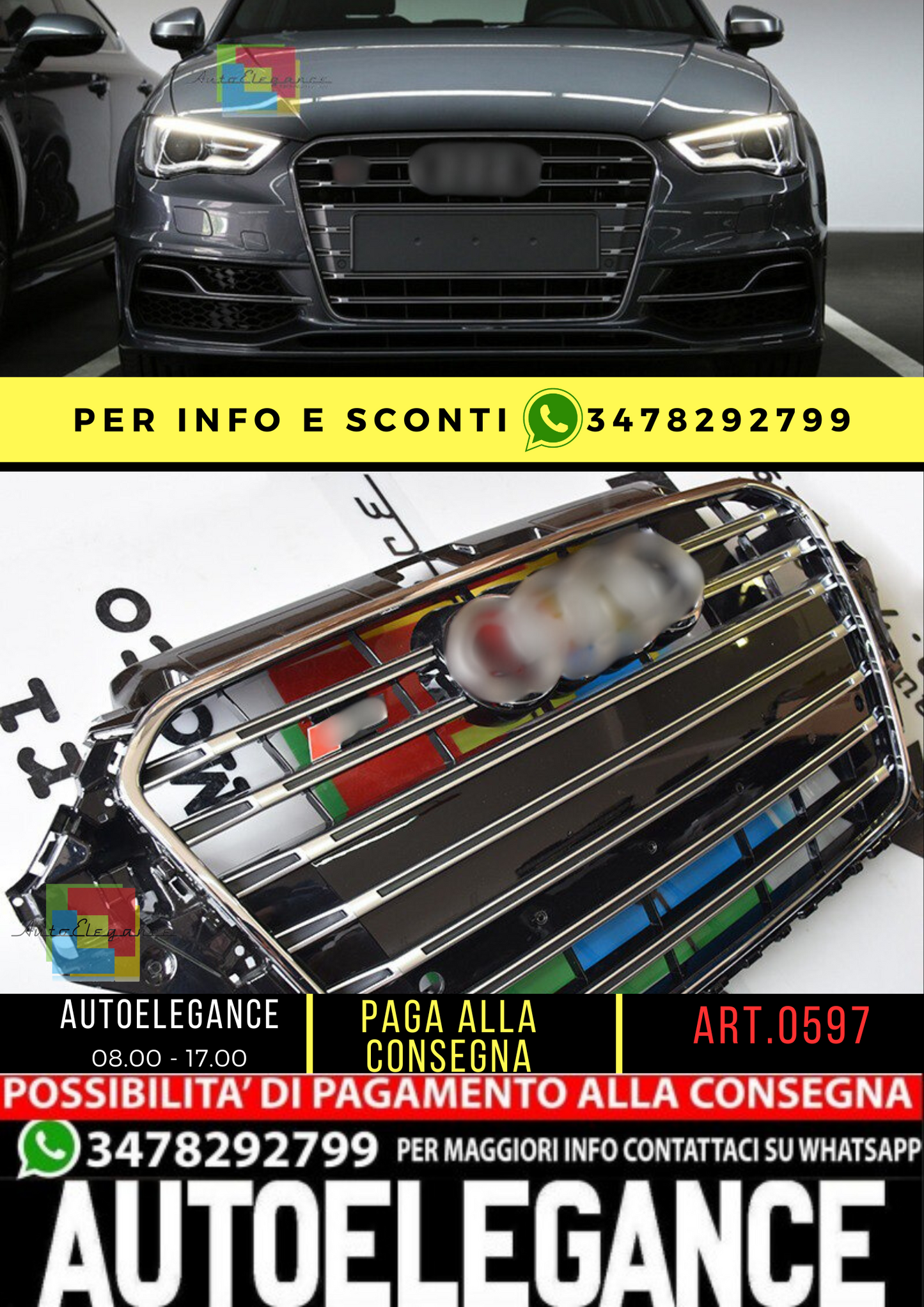 ⭐Art.0597 GRILLE A3 8V 2012-2016 LOOK S3 BLACK CHROME PROFILES⭐ 