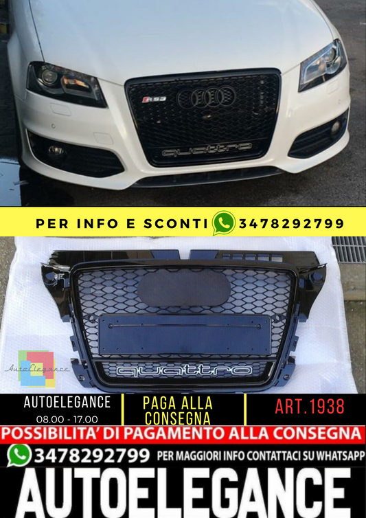 ⭐ART. 1938 GRILLE A3 8P 2008-2012 LOOK RS3 QUATTRO GLOSSY BLACK⭐ 