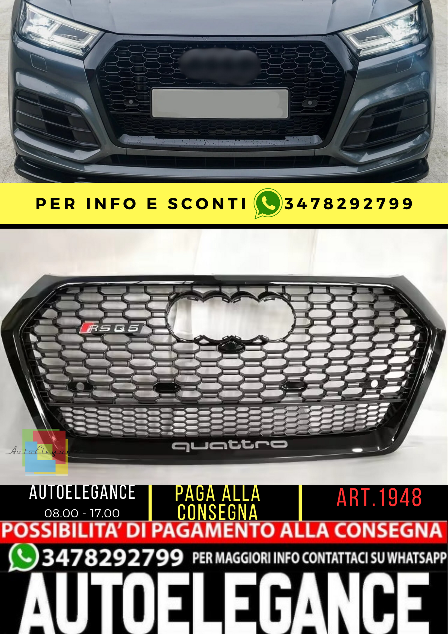 ⭐ART.1948 GRIGLIA ADATTO PER AUDI Q5 FY 2017-2020 LOOK RSQ5 QUATTRO NERO LUCIDO⭐