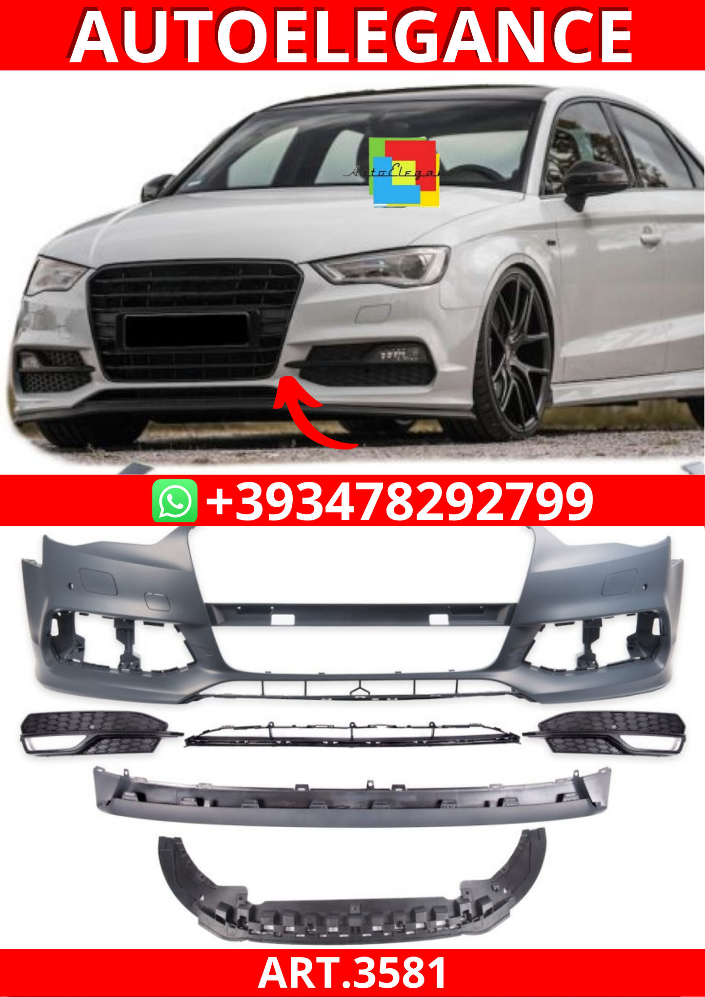 ART.3581 Paraurti anteriore S-line Look SRA per Audi A3 (8V)  2013-2015