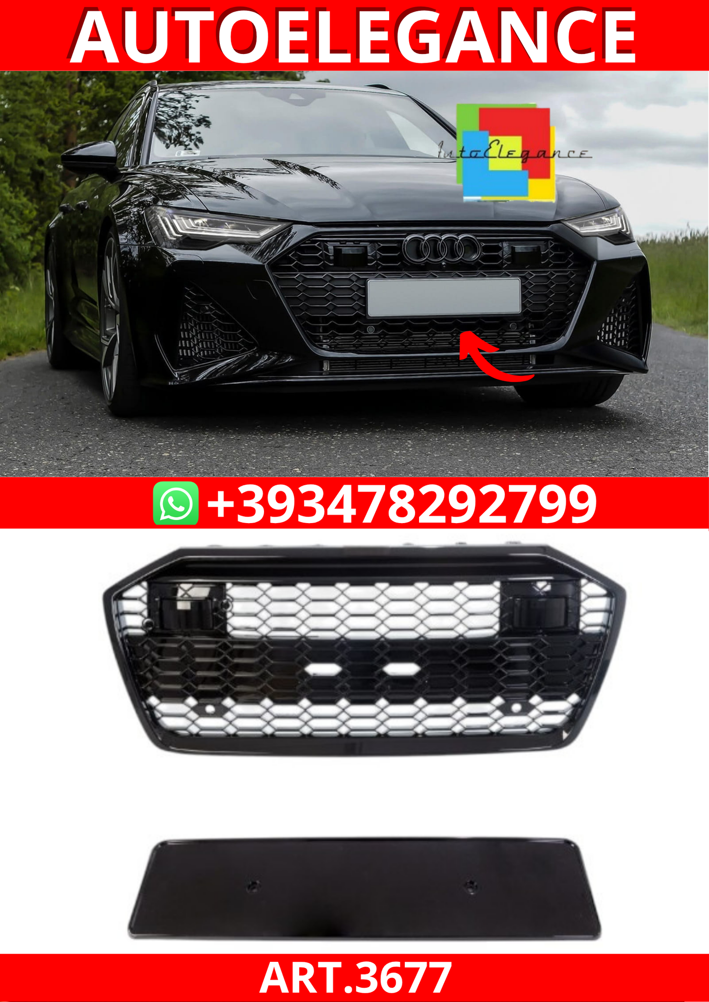 ART.3677 Griglia  RS6 Look per Audi A6 C8 4A 2018-On  Nero Lucido