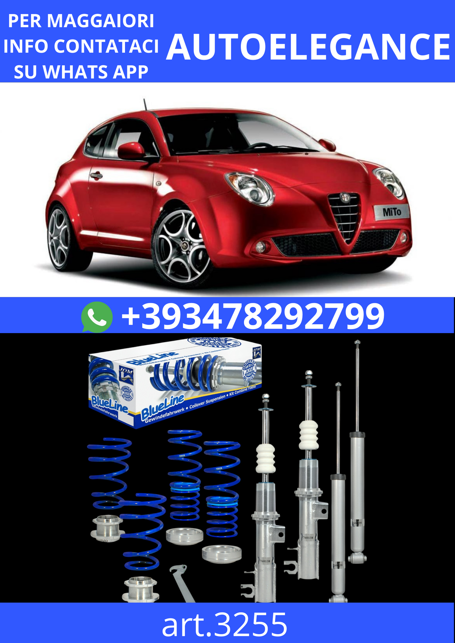 🎀Art.3255 Kit coilover BlueLine per Alfa Romeo MiTo 1.4 assetto sportivo🎀