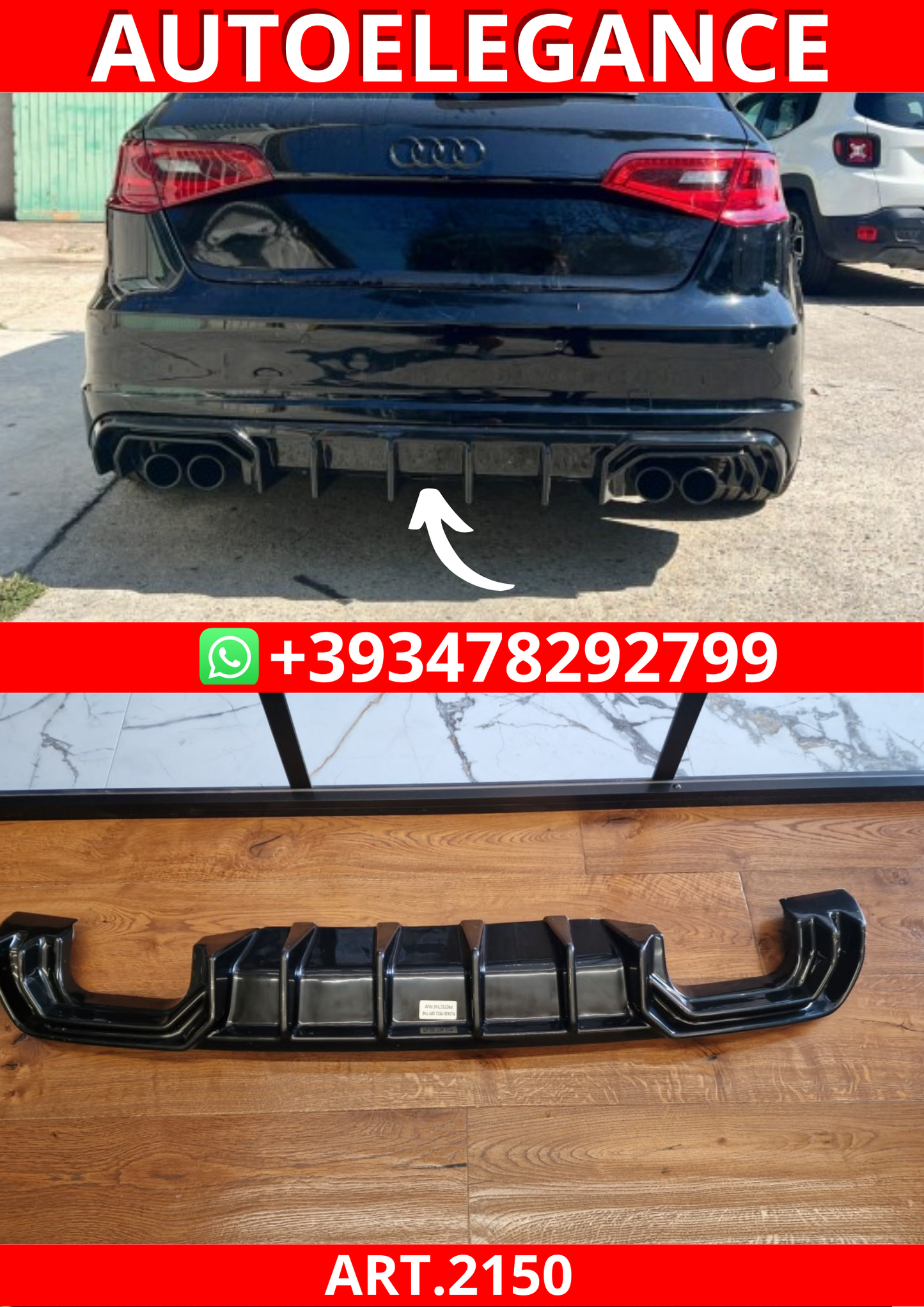 ART.2150 DIFFUSORE AUDI A3 8V 2012-2016 SLINE S3 NERO LUCIDO 2+2
