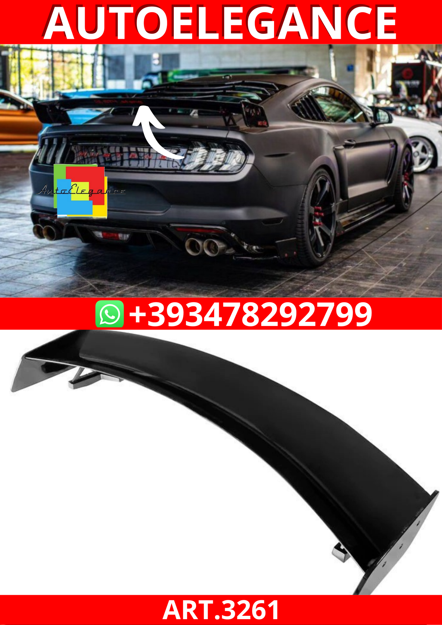 ART.3261 Grande Spoiler posteriore GT500  Nero lucido FORD MUSTANG 15-23