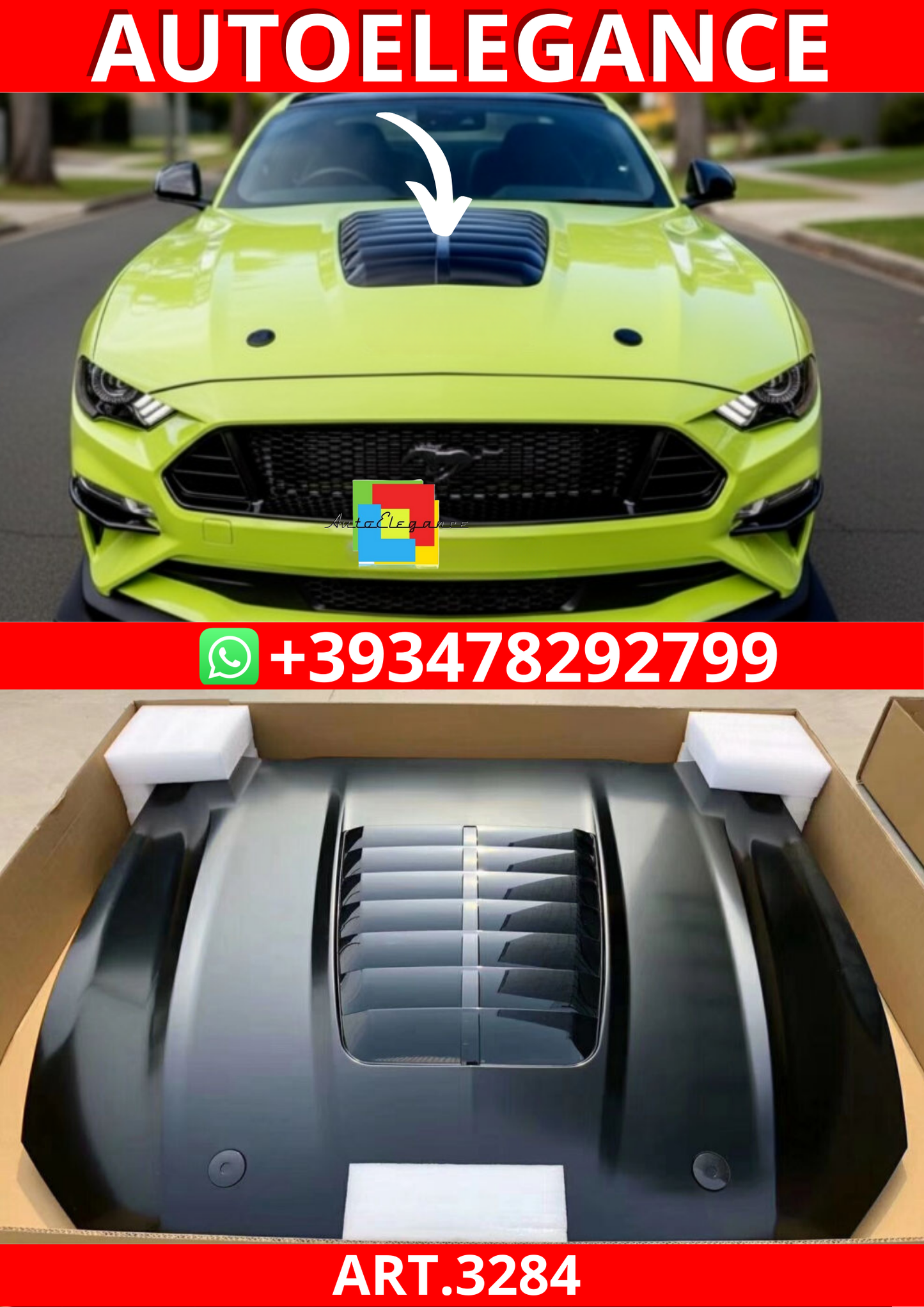 ART.3284 Cofano in alluminio Stile GT500 Scoop nero lucido FORD MUSTANG 18+