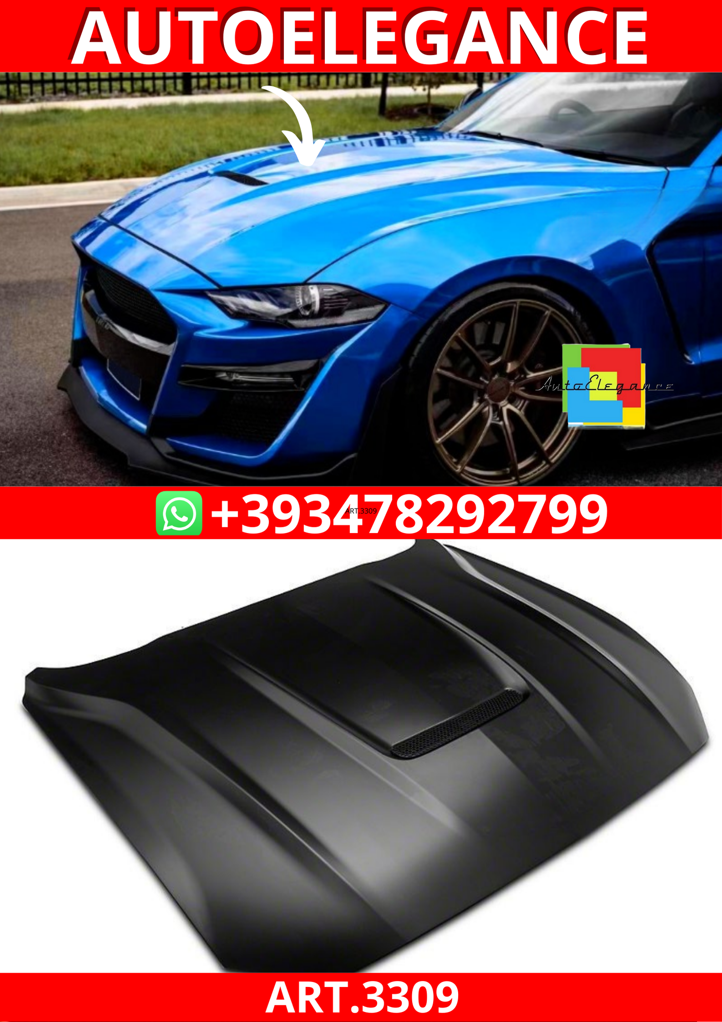 ART.3309  Cofano in alluminio – Stile GT350 FORD MUSTANG 18-23 GT