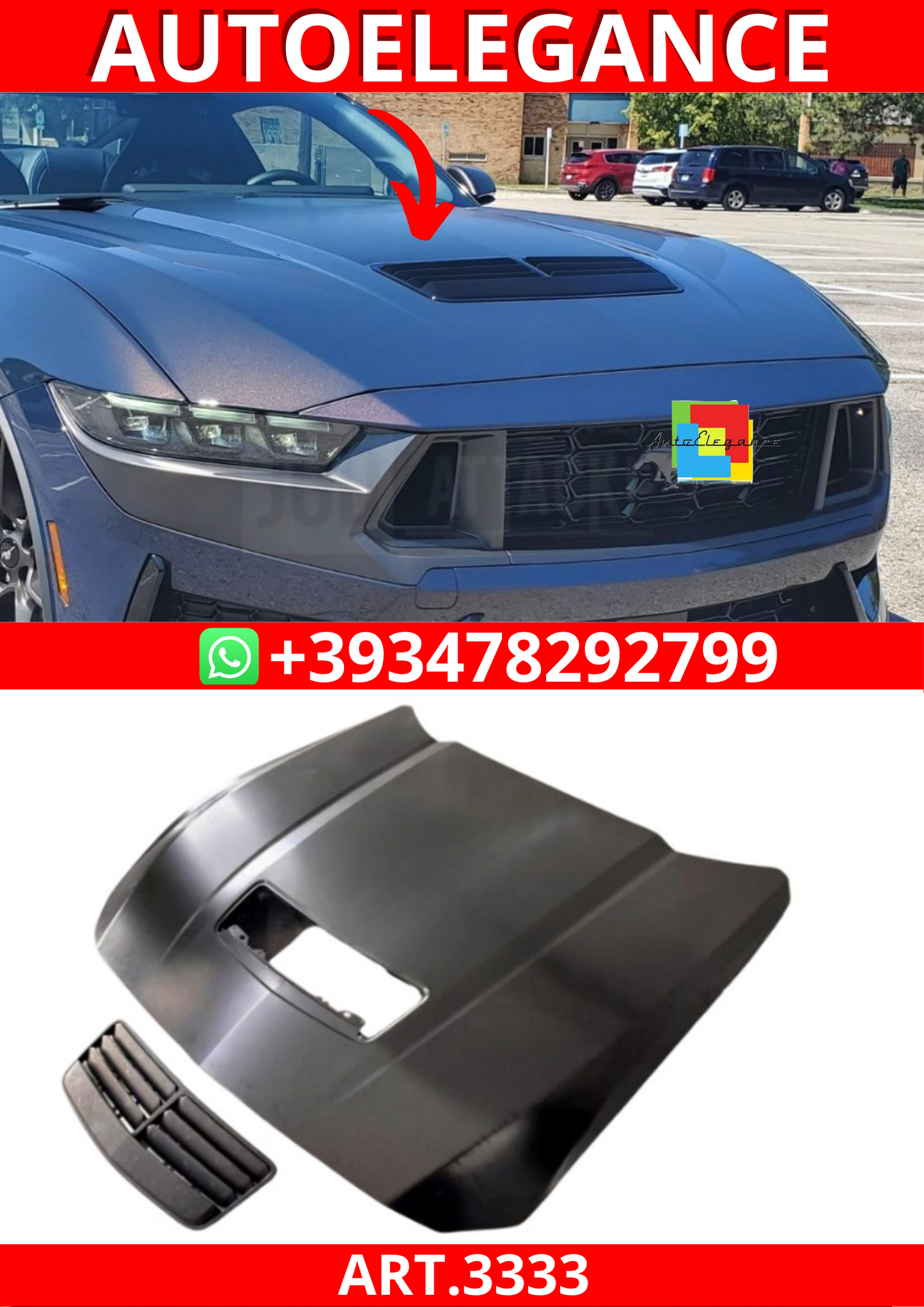 ART.3333 Cofano alluminio stile con presa d'aria sul cofano FORD MUSTANG 24+