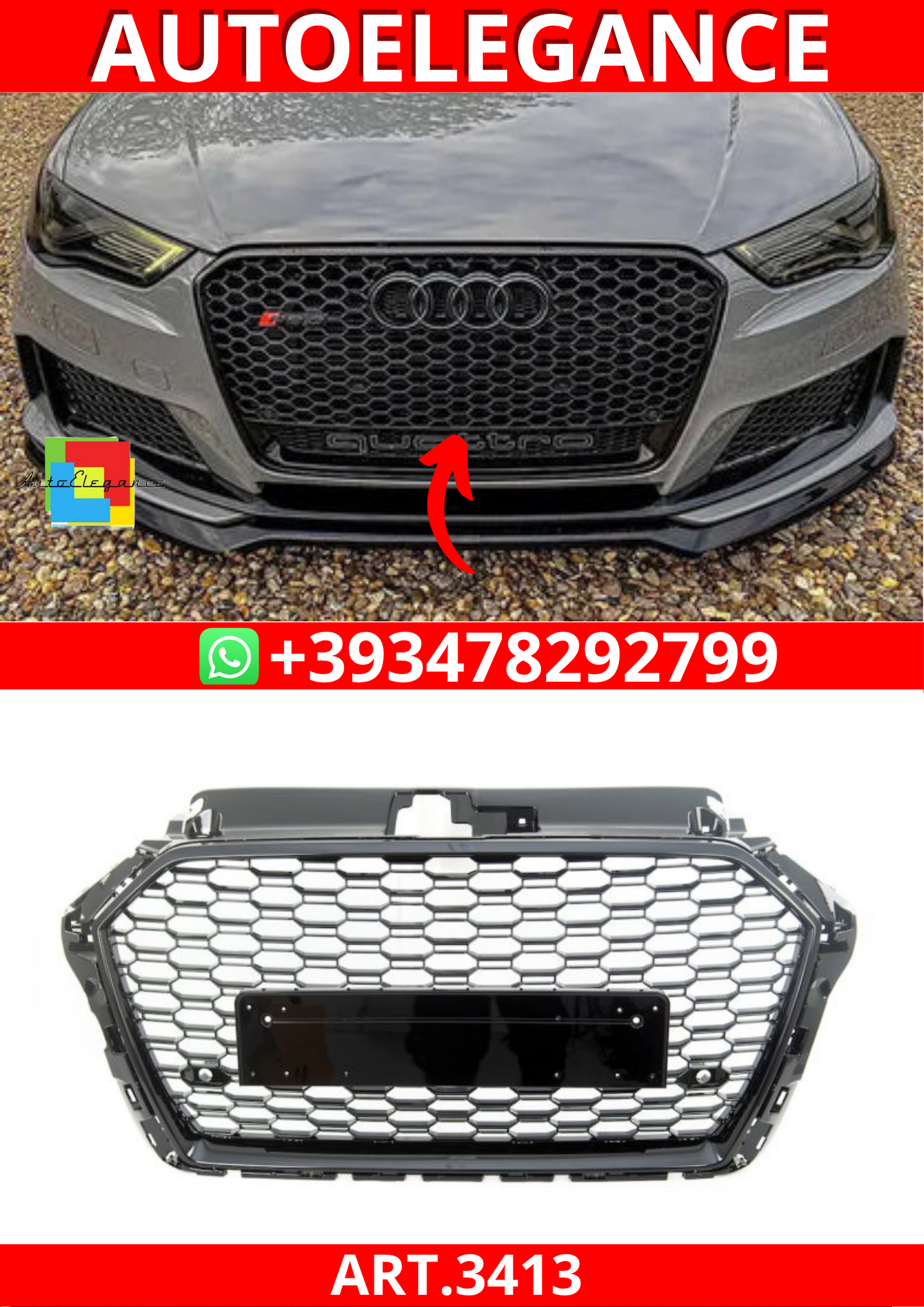 ART.3413  Griglia RS3 Look per Audi A3 2016-2019 Nero Lucido