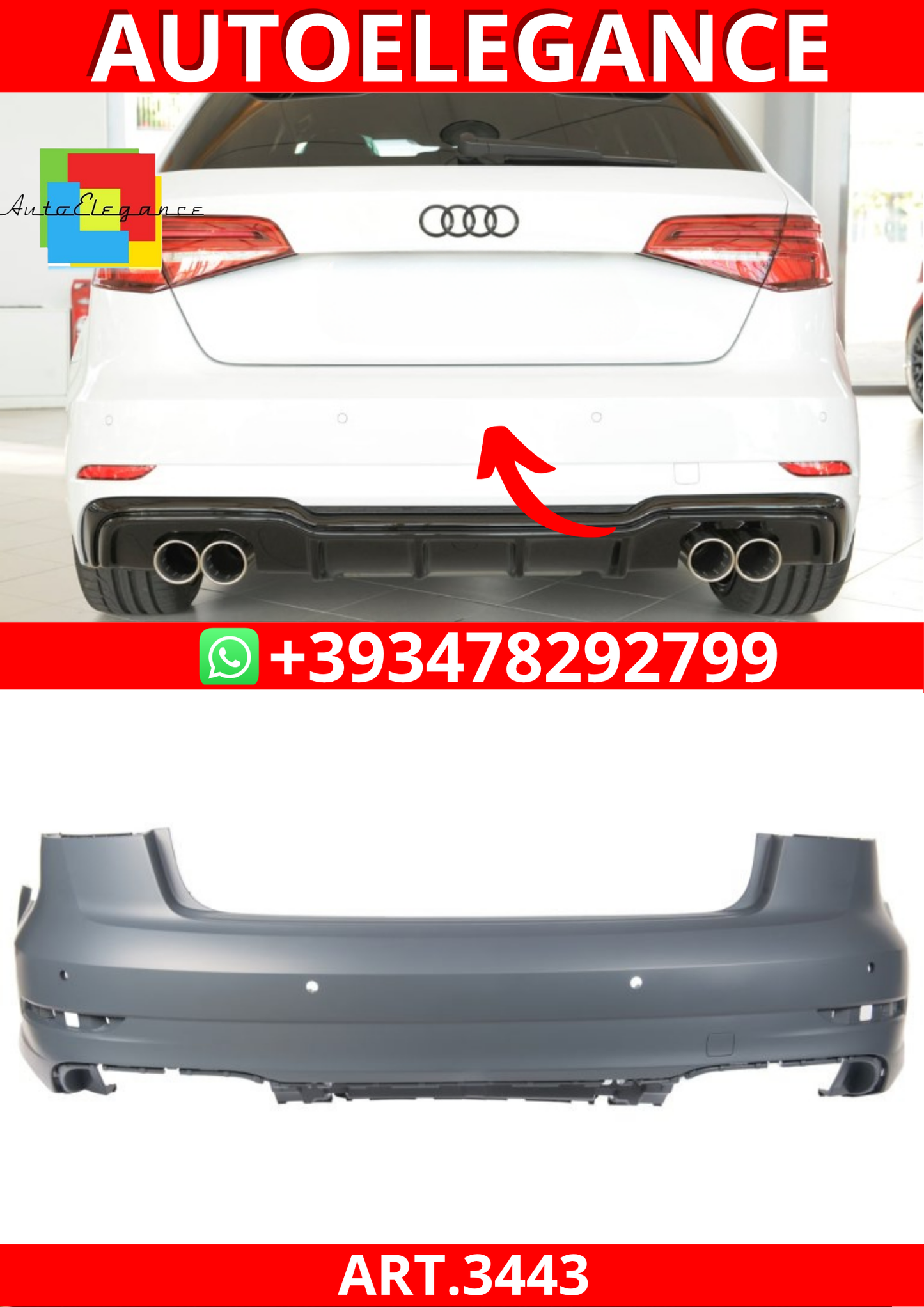 ART.3443 Paraurti posteriore S-line Look per Audi A3 8V 2016-2019