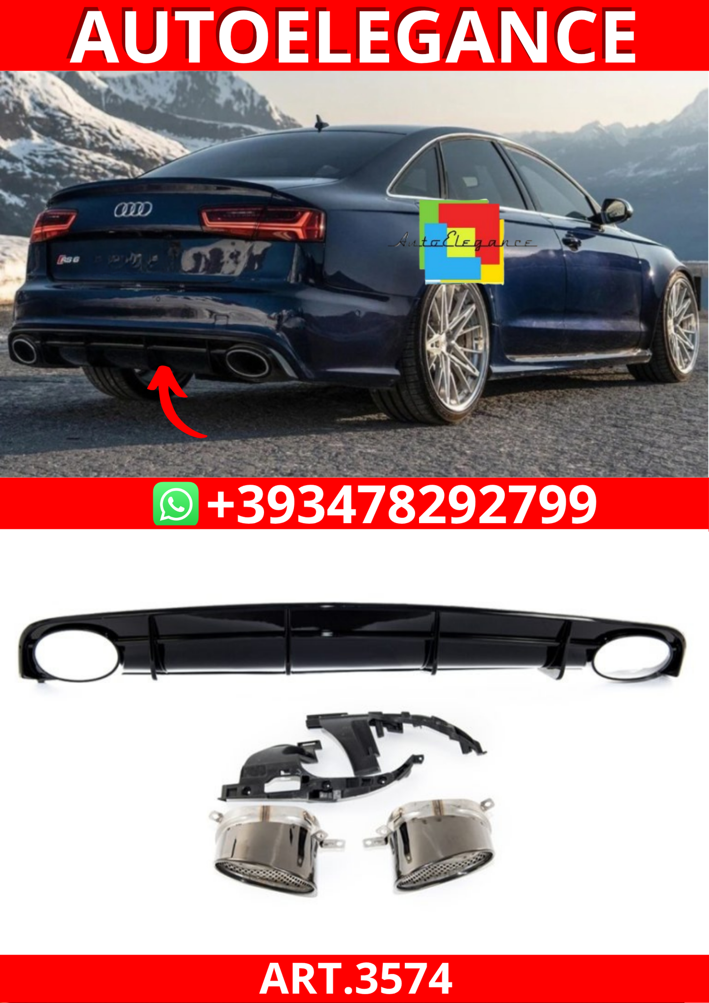 ART.3574 Diffusore RS6 Look per Audi A6 C7 (4G) 2015-2018  Nero Lucido