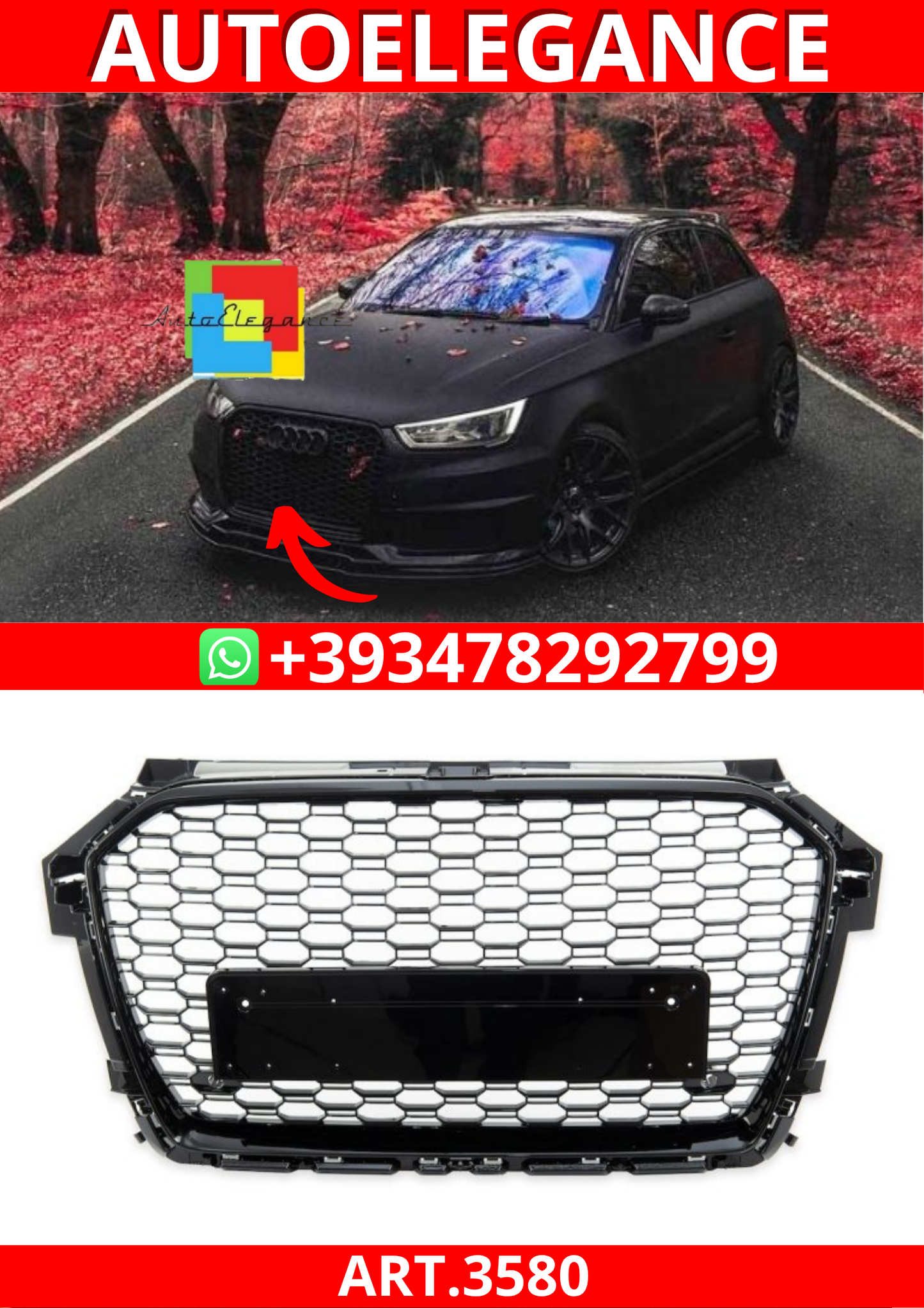 ART.3580 Griglia RS Look per Audi A1 8X 2015-2018 Nero Lucido
