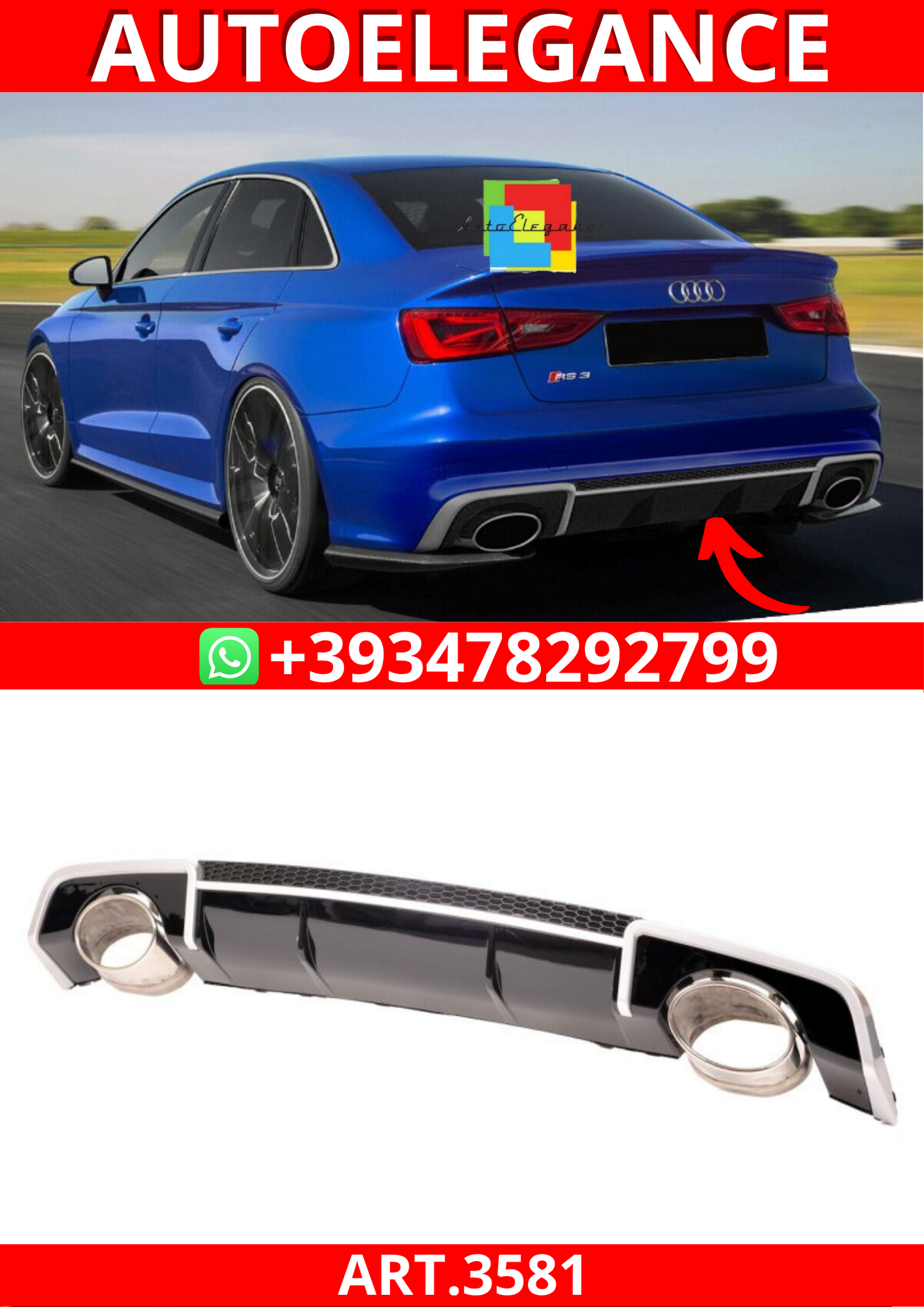 ART.3582 Diffusore RS3 Look per Audi A3 (8V) 2012-2015 Nero Lucido