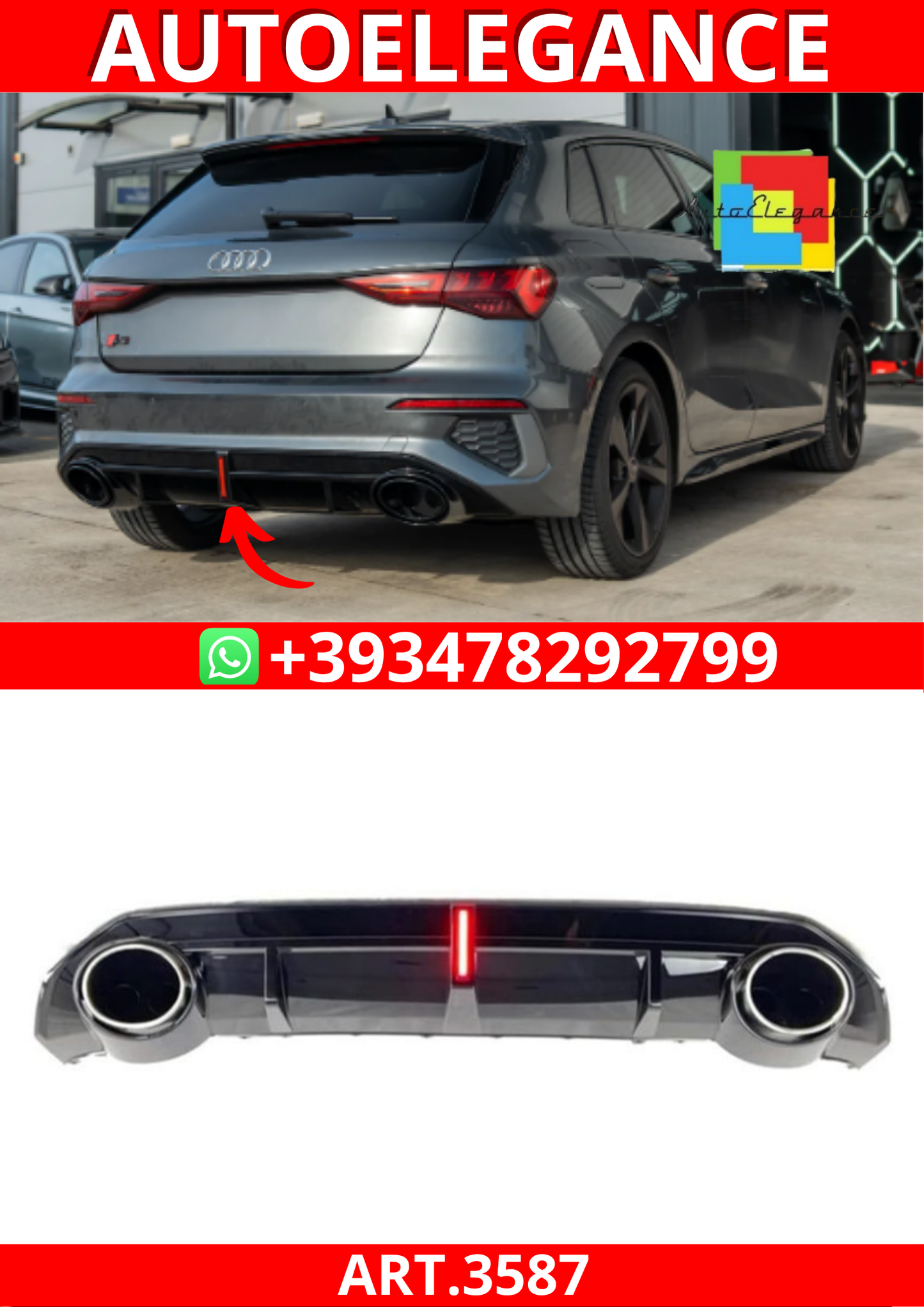ART.3587 Diffusore  luce di stop LED Audi A3 (8Y)2020+S-Line nero lucido