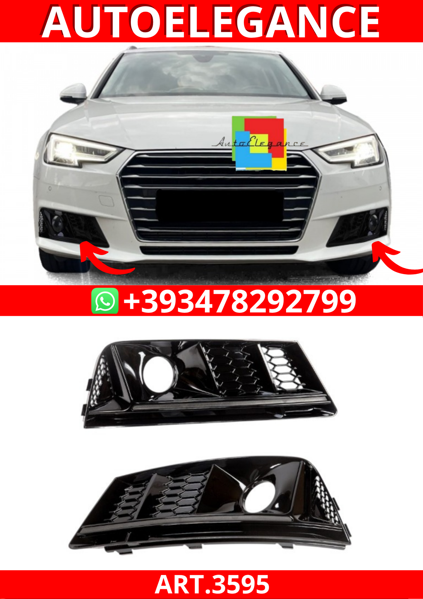 ART.3595 Set copri fendinebbia sportivi RS4  Audi A4 B9 8W 15-19 nero lucido