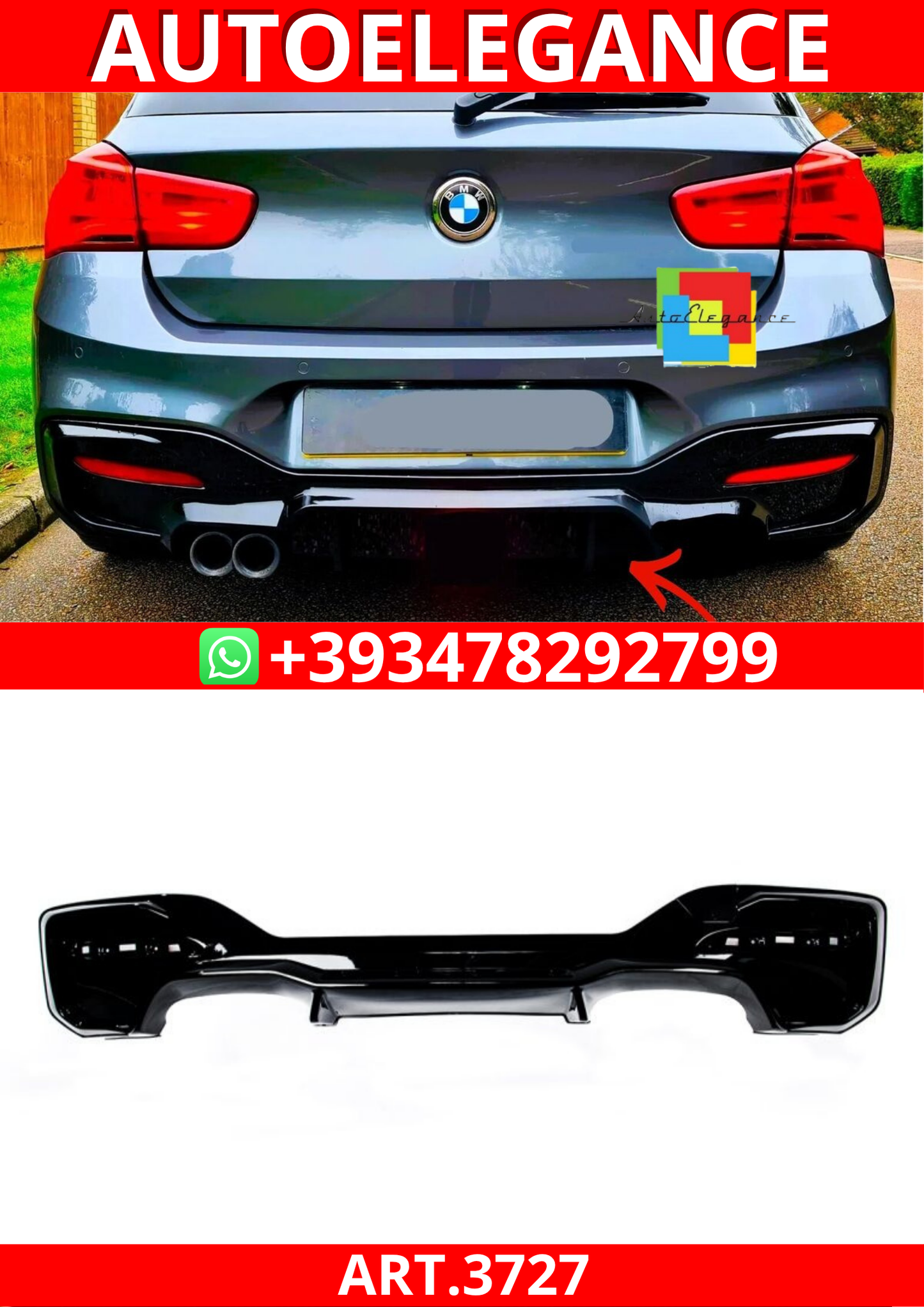 ART.3727  Diffusore M2 Look per Bmw 1 (F20, F21)2015-2019 Nero Lucido