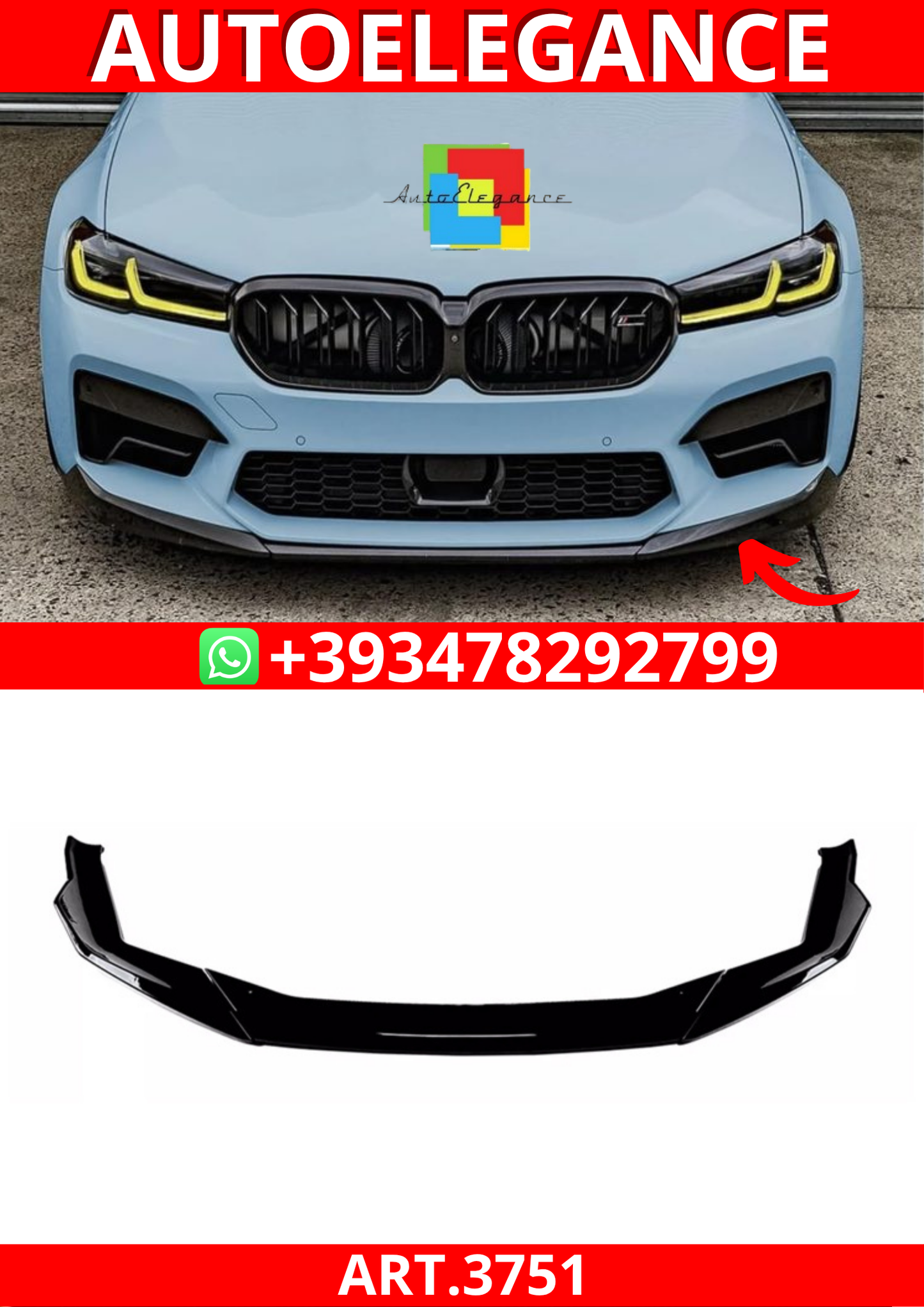 ART.3751 Spliter Anteriore Nero Lucido per Bmw 5 (G30, G31) LCI (2020-2023)