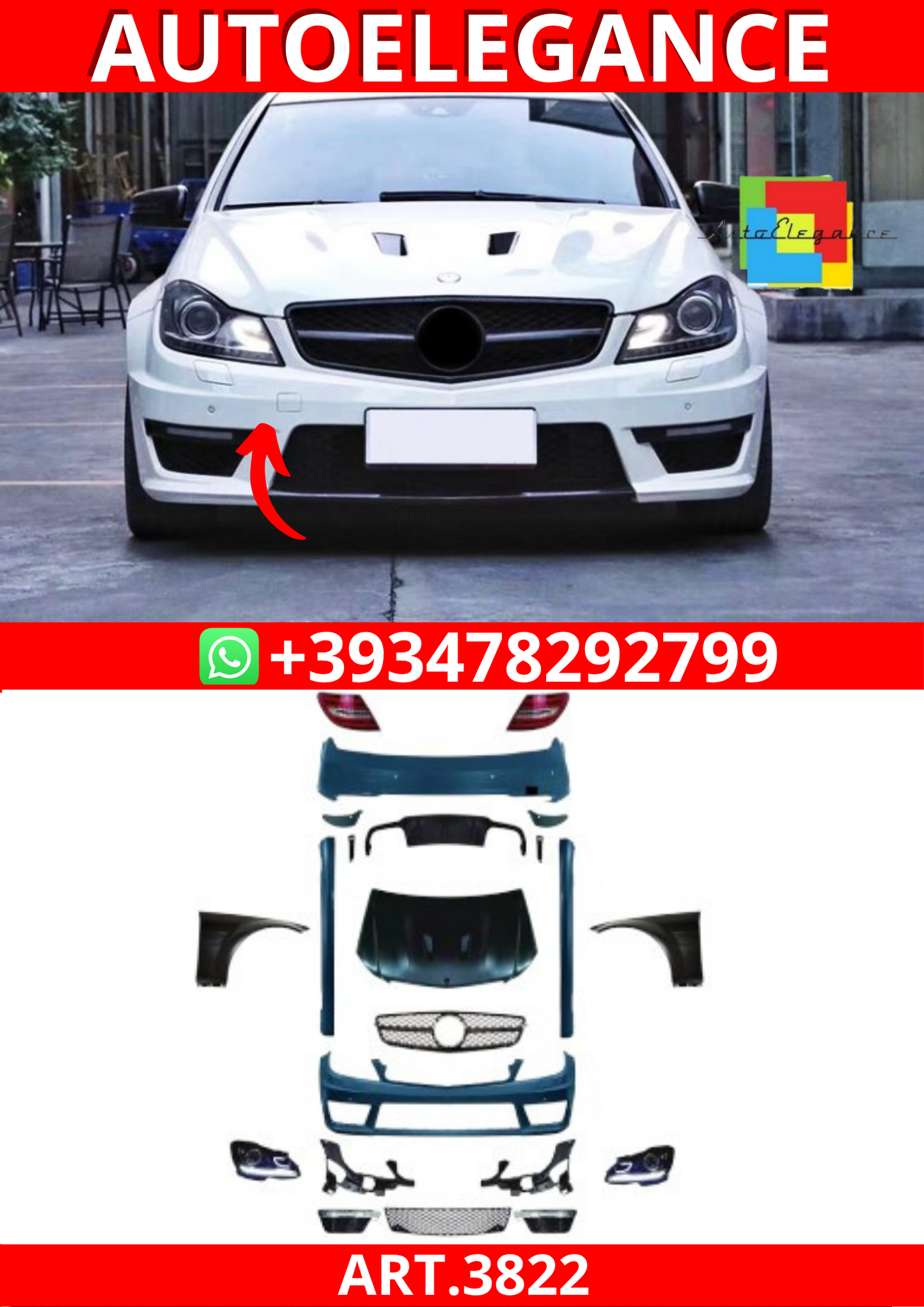 ART.3822 Bodykit per Mercedes Classe C (W204) 2008-2011 a C63 Facelift 2012