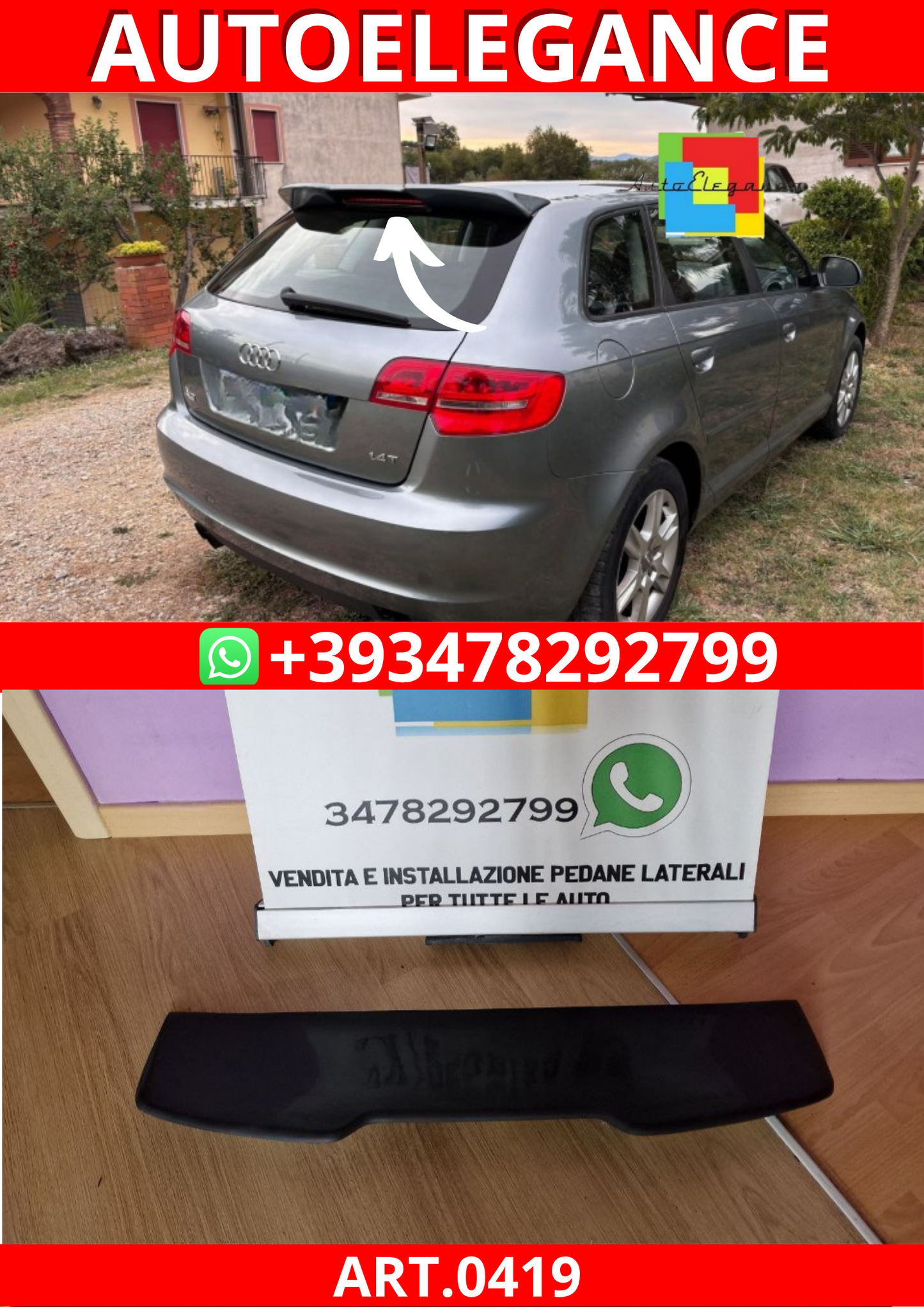 ART. 0419 SPOILER AUDI A3 8P 2004-2012 5D SPORTBACK LOOK RS3 GREZZO