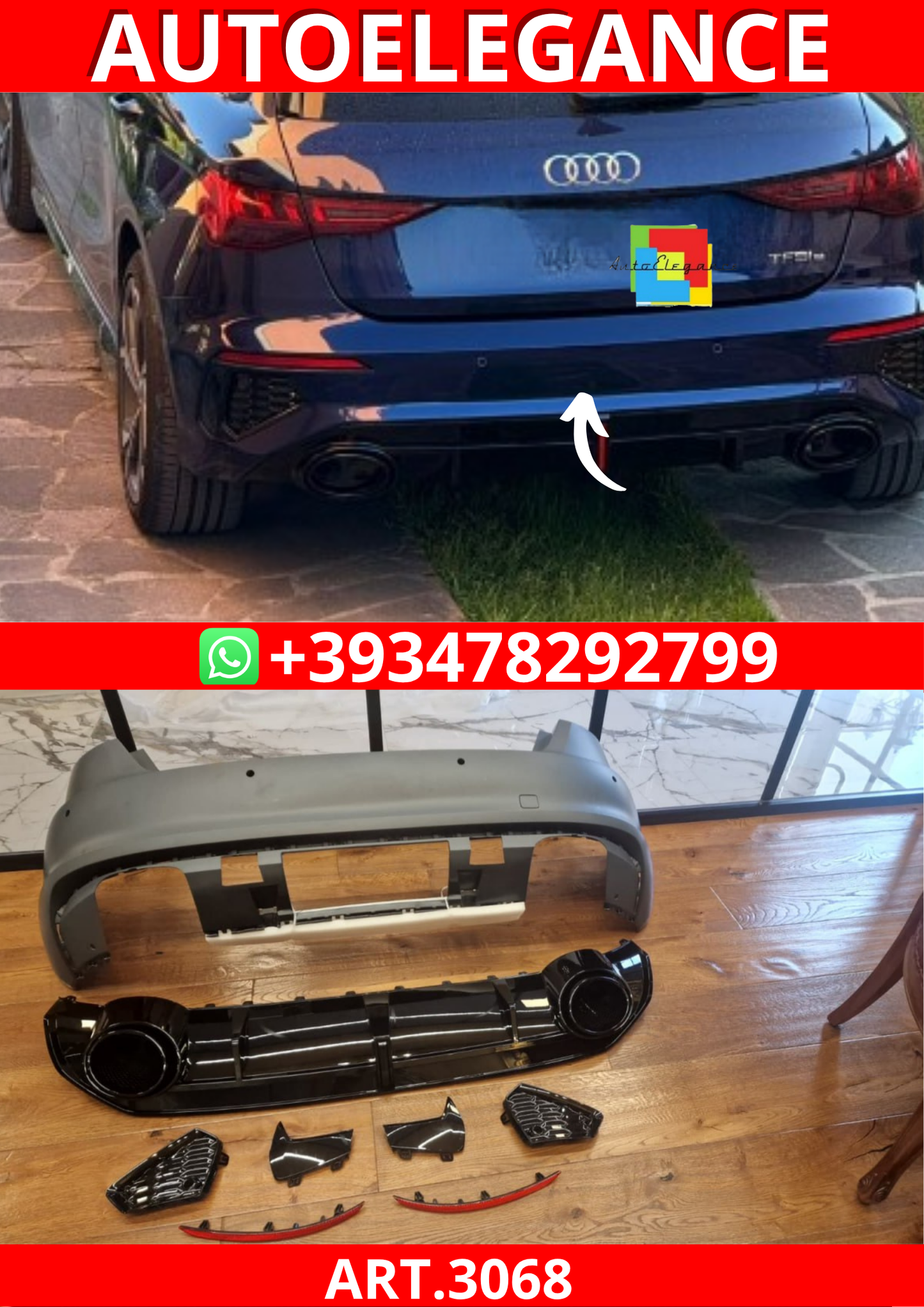 ART.3068  Paraurti Posteriore Audi A3 8Y Hatchback 2019-2024 Look RS3