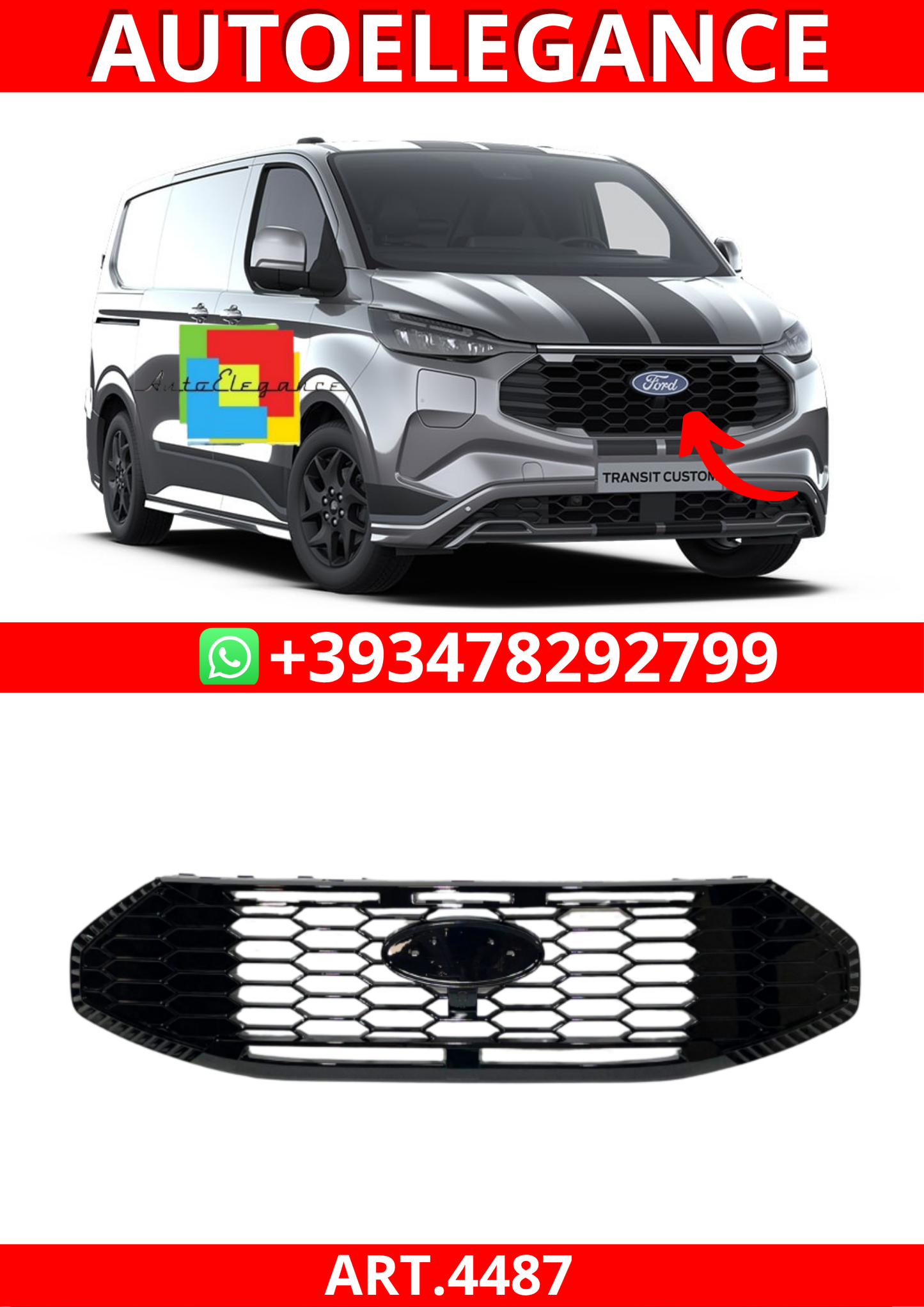 ART.4487 GRIGLIA  Ford Transit Custom 2024+ Look Raptor Nero lucido