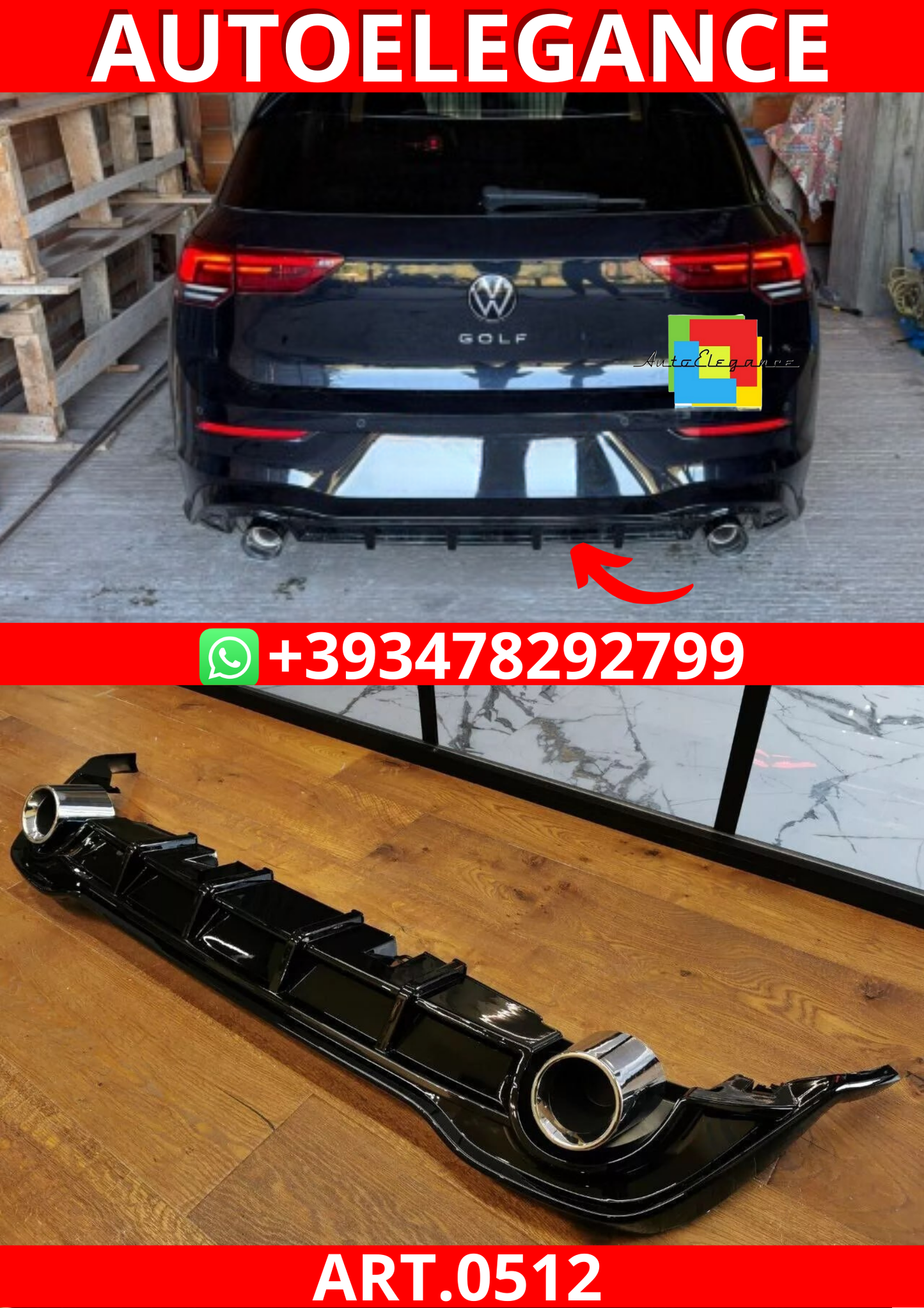 ART. 0512 DIFFUSORE GOLF 8 VIII 1+1 LOOK GTI NERO LUCIDO + TERMINALI