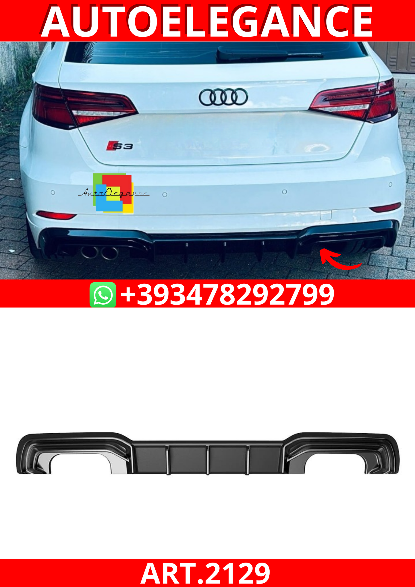 ART.2129 DIFFUSORE AUDI A3 8V 2016-2020 S3 SLINE NERO LUCIDO 2+2