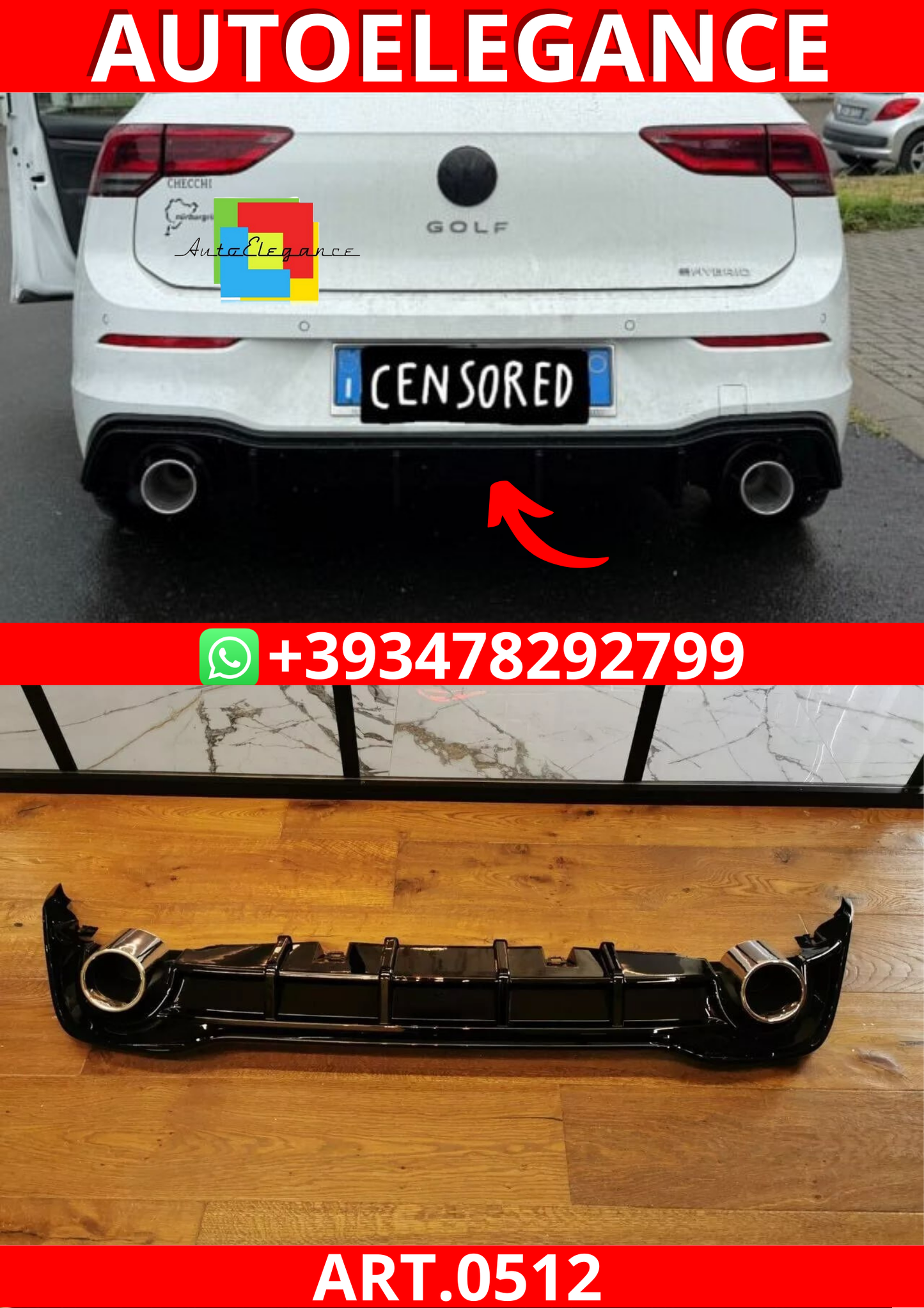 ART. 0512 DIFFUSORE GOLF 8 VIII 1+1 LOOK GTI NERO LUCIDO + TERMINALI