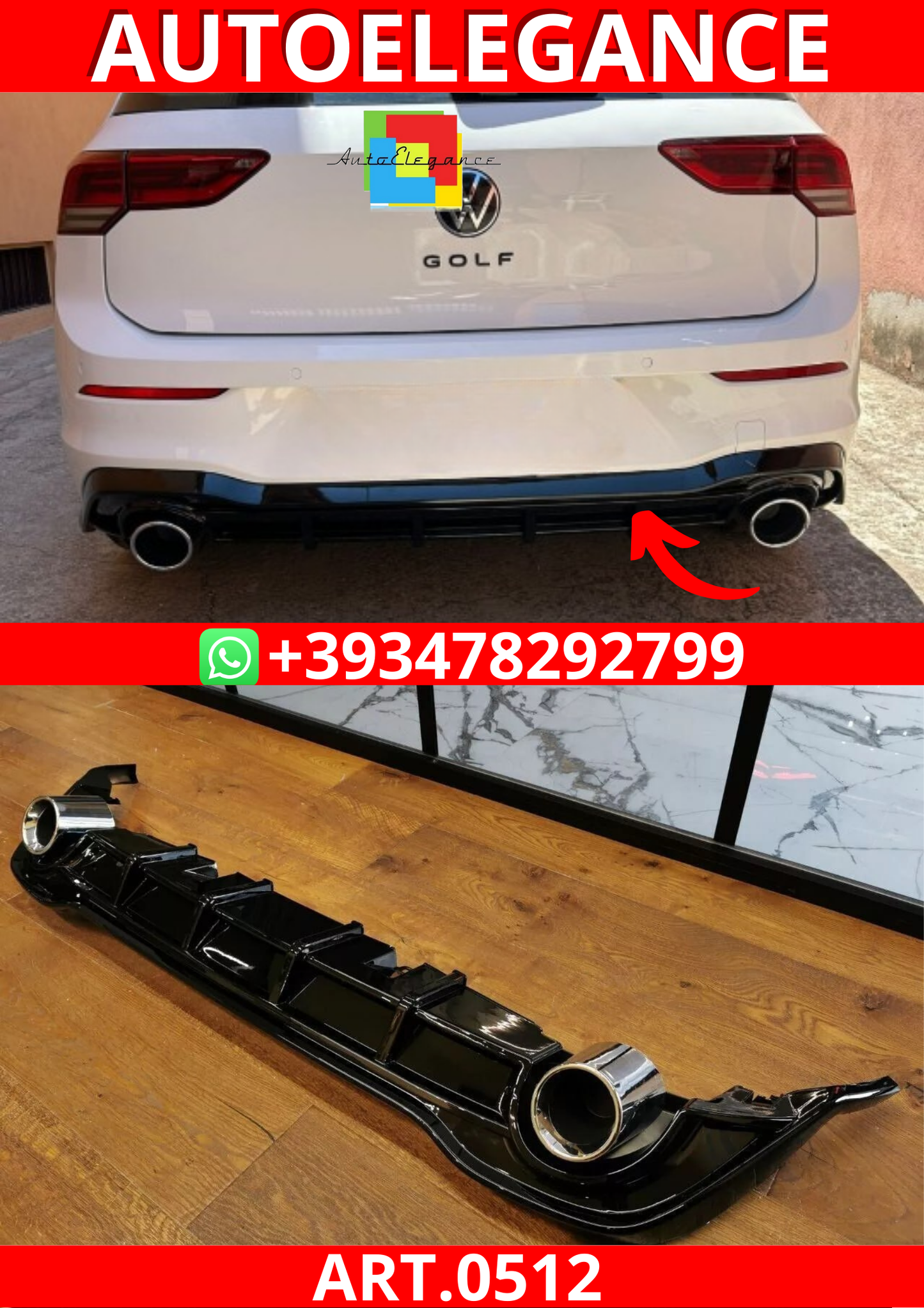 ART. 0512 DIFFUSORE GOLF 8 VIII 1+1 LOOK GTI NERO LUCIDO + TERMINALI