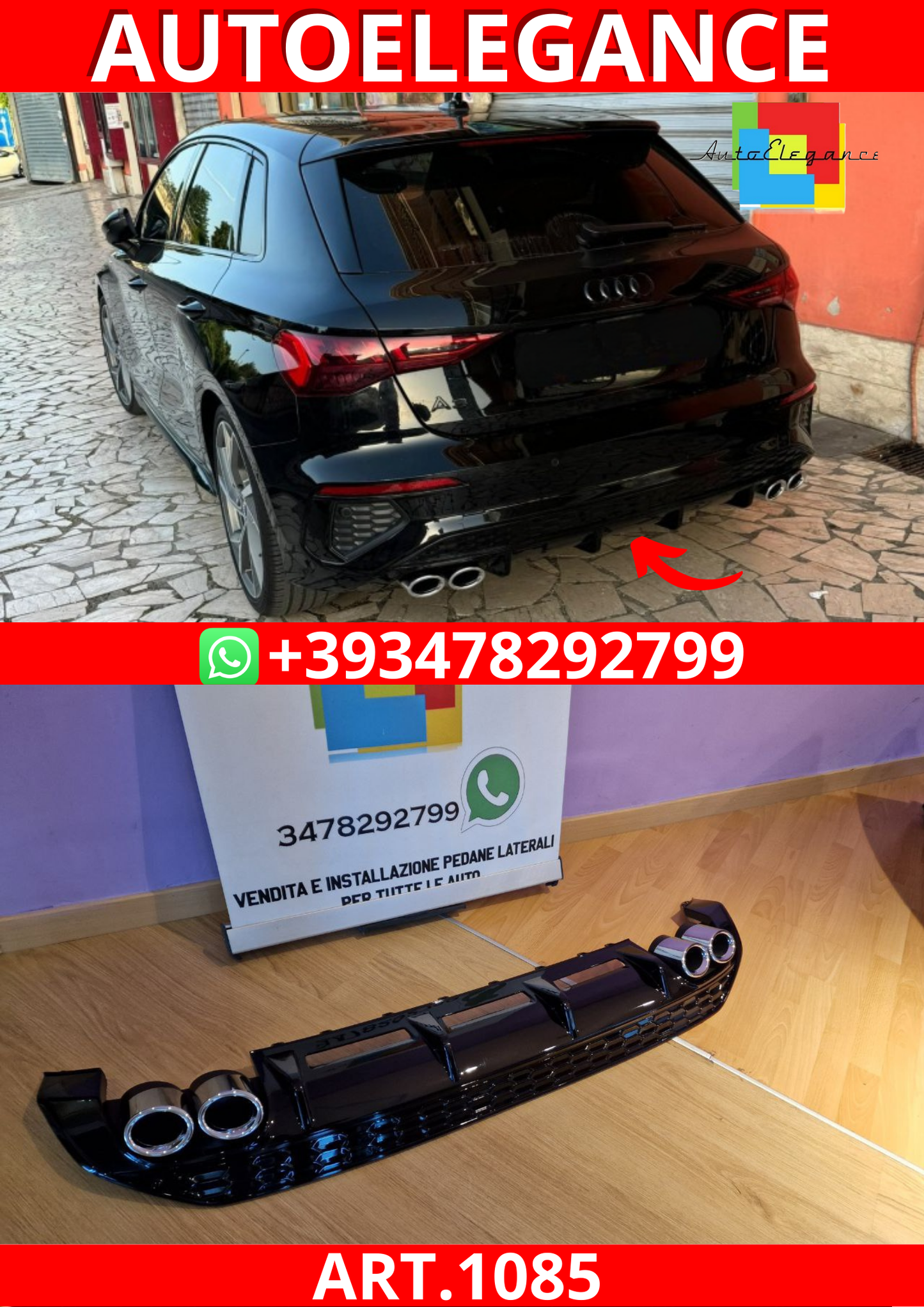 ART. 1085 DIFFUSORE AUDI  A3 8Y 2020-2024 SPORTBACK BERLINA LOOK S3
